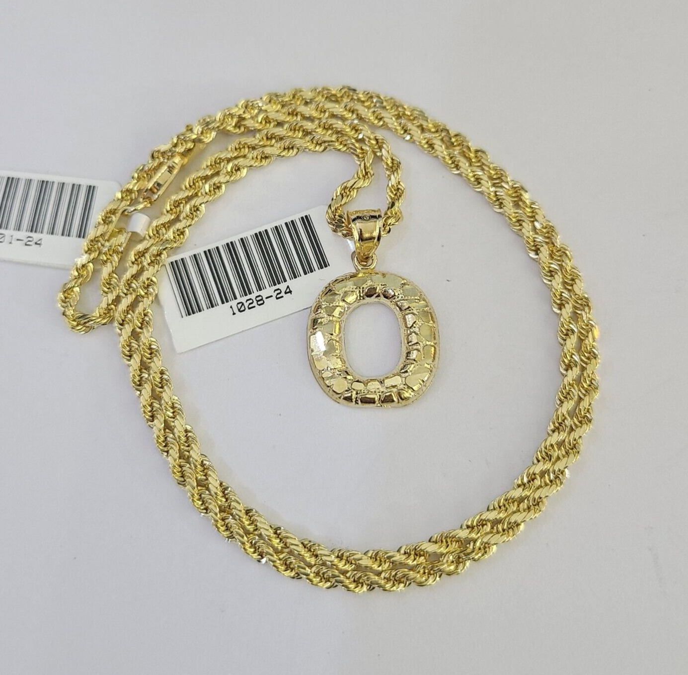 10k Gold Initial O Charm Rope Chain 16"-26" 2.5mm SET Necklace Alphabet Pendant