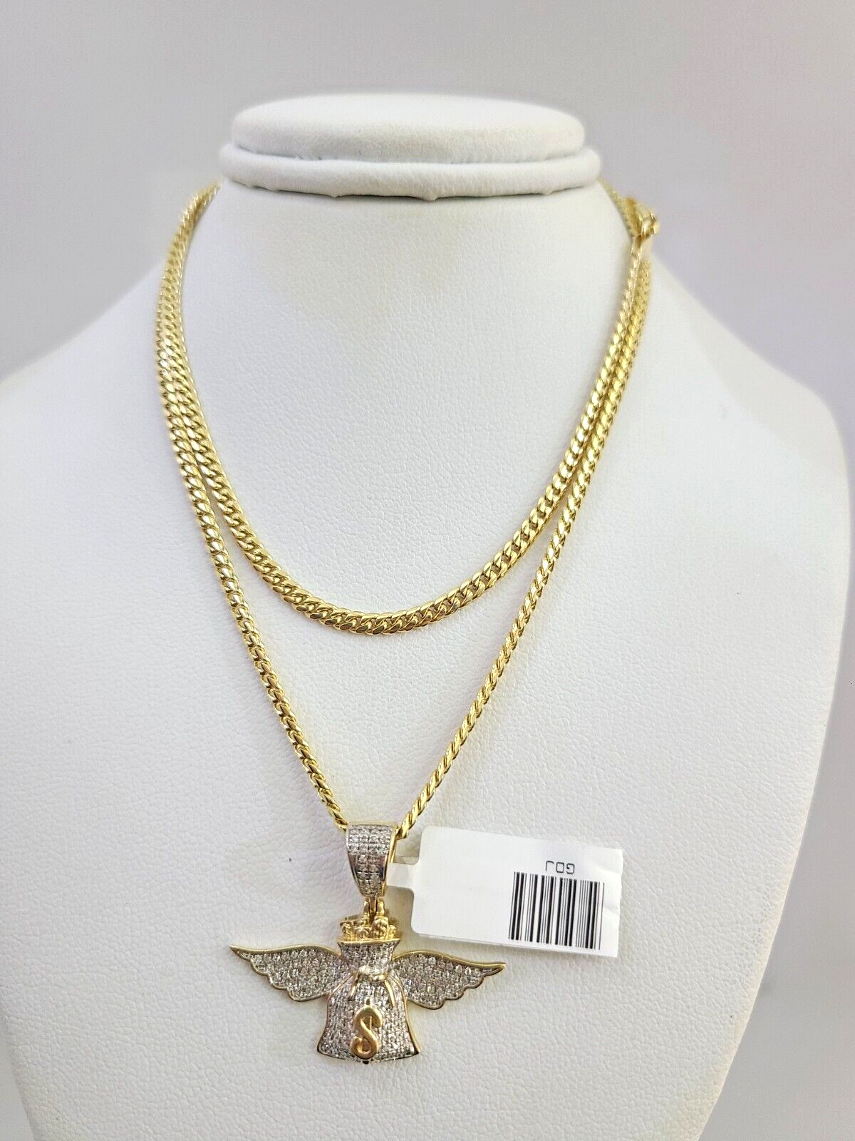 10K Solid Gold Miami Cuban Chain SET Diamond Money Bag Wing Charm 18"-26" 2.5mm
