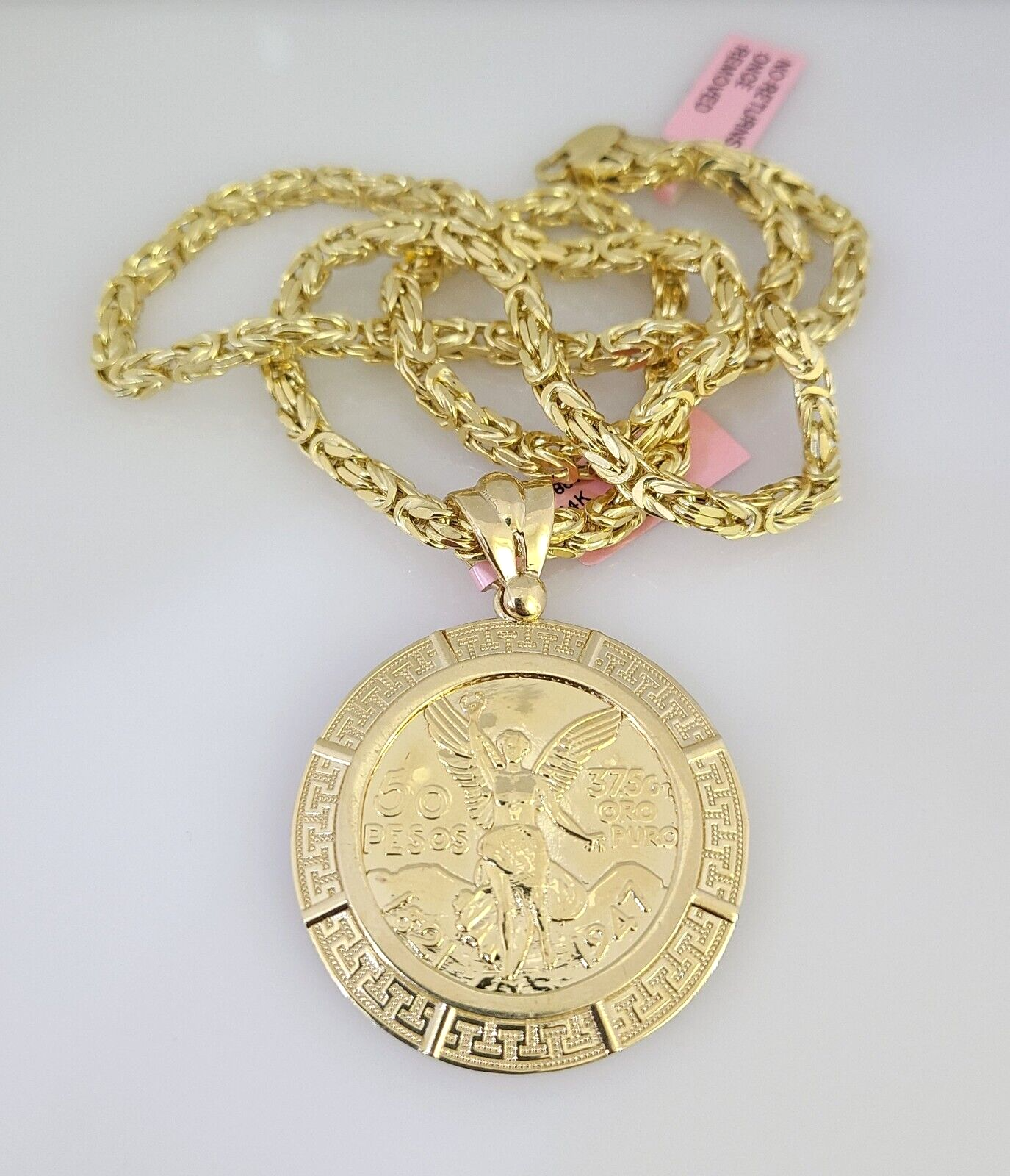 14K Gold Necklace Chain Mexican Coin Charm Turkish Byzantine 4mm 24" Pendant