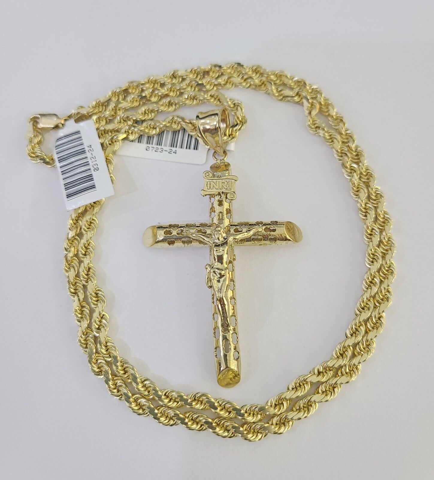 10k Solid Rope Chain INRI Jesus Cross Charm Set 4mm 20"-28" Necklace Gold Yellow