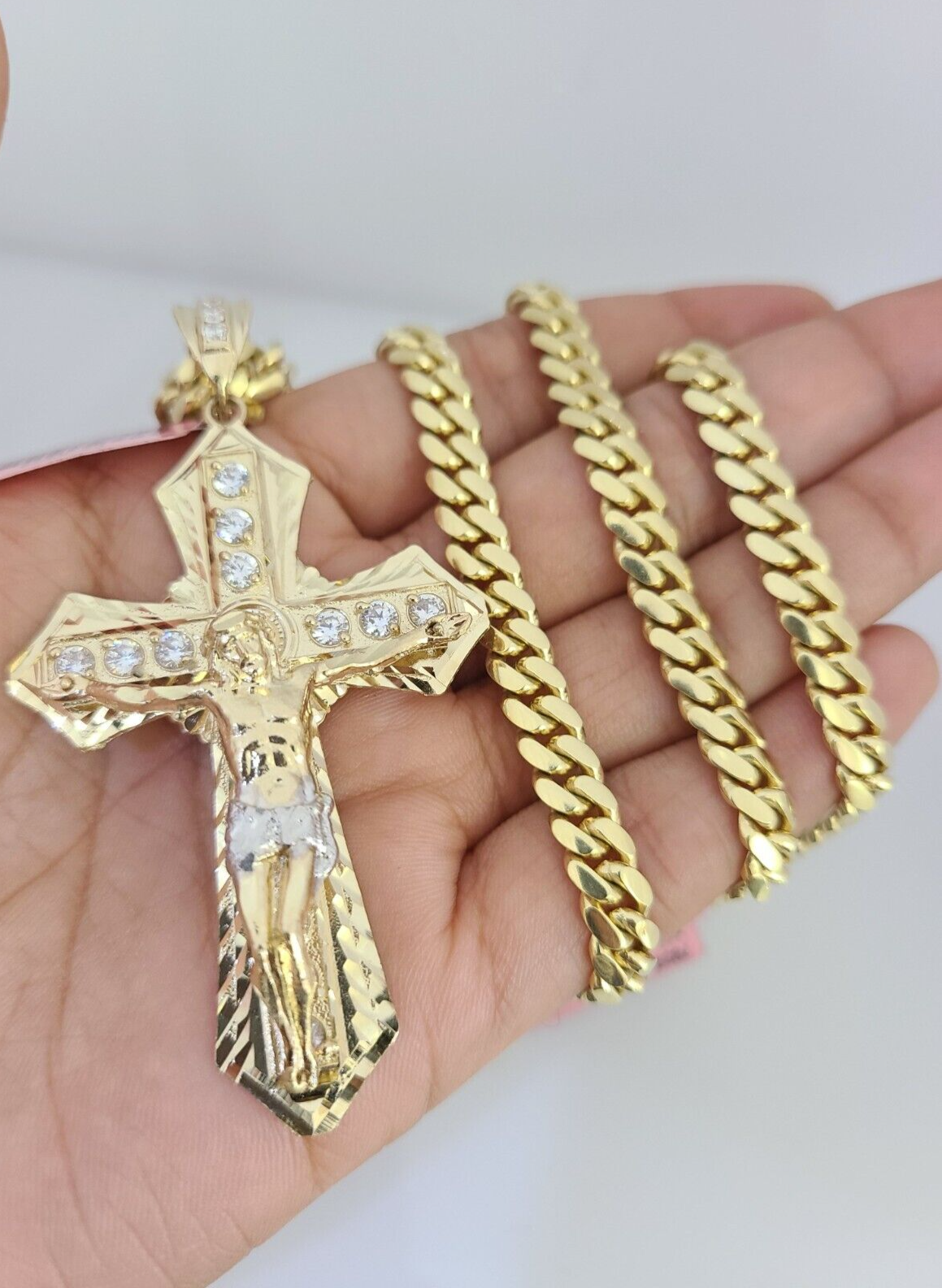 Real 14k Solid Chain Cross Charm Set Miami Cuban Link 6mm Necklace Pendant Gold