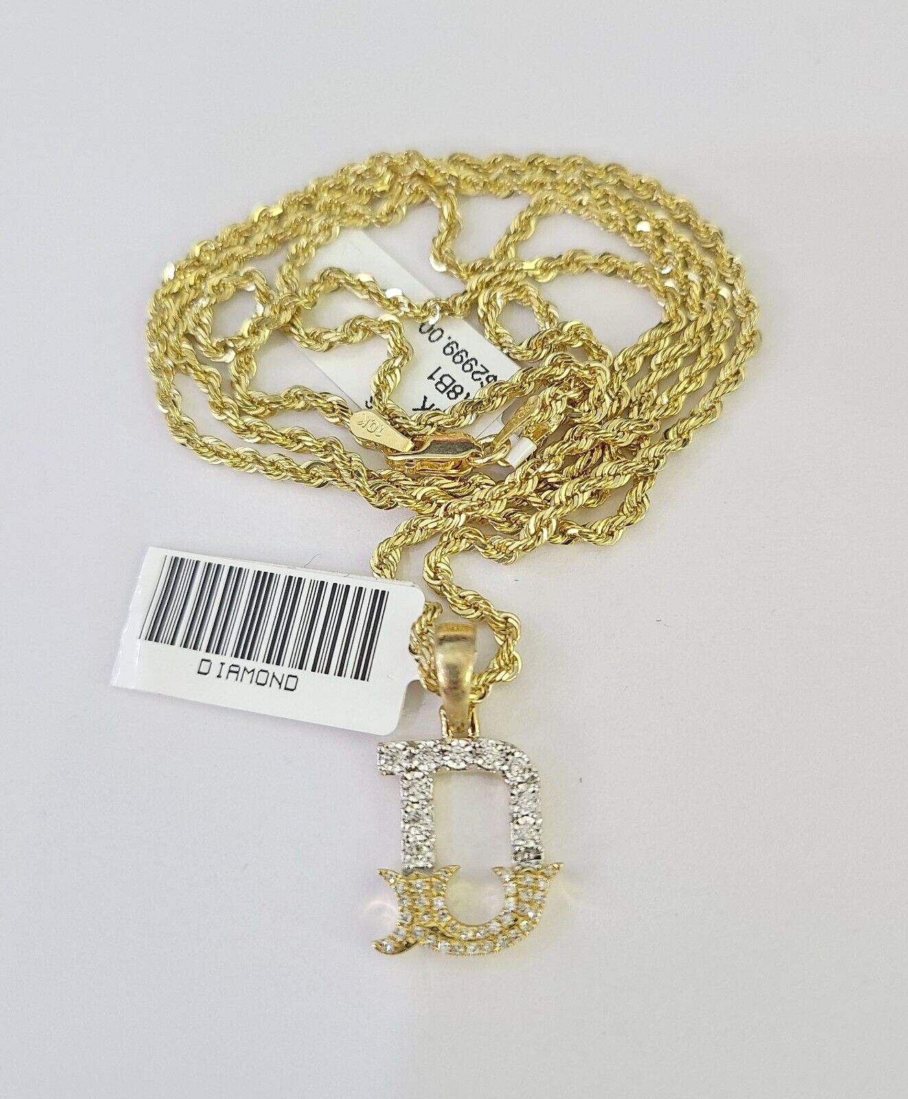 10k Solid Rope Chain 2mm D Initial Diamond Pendant Charm Necklace SET 18-22 in