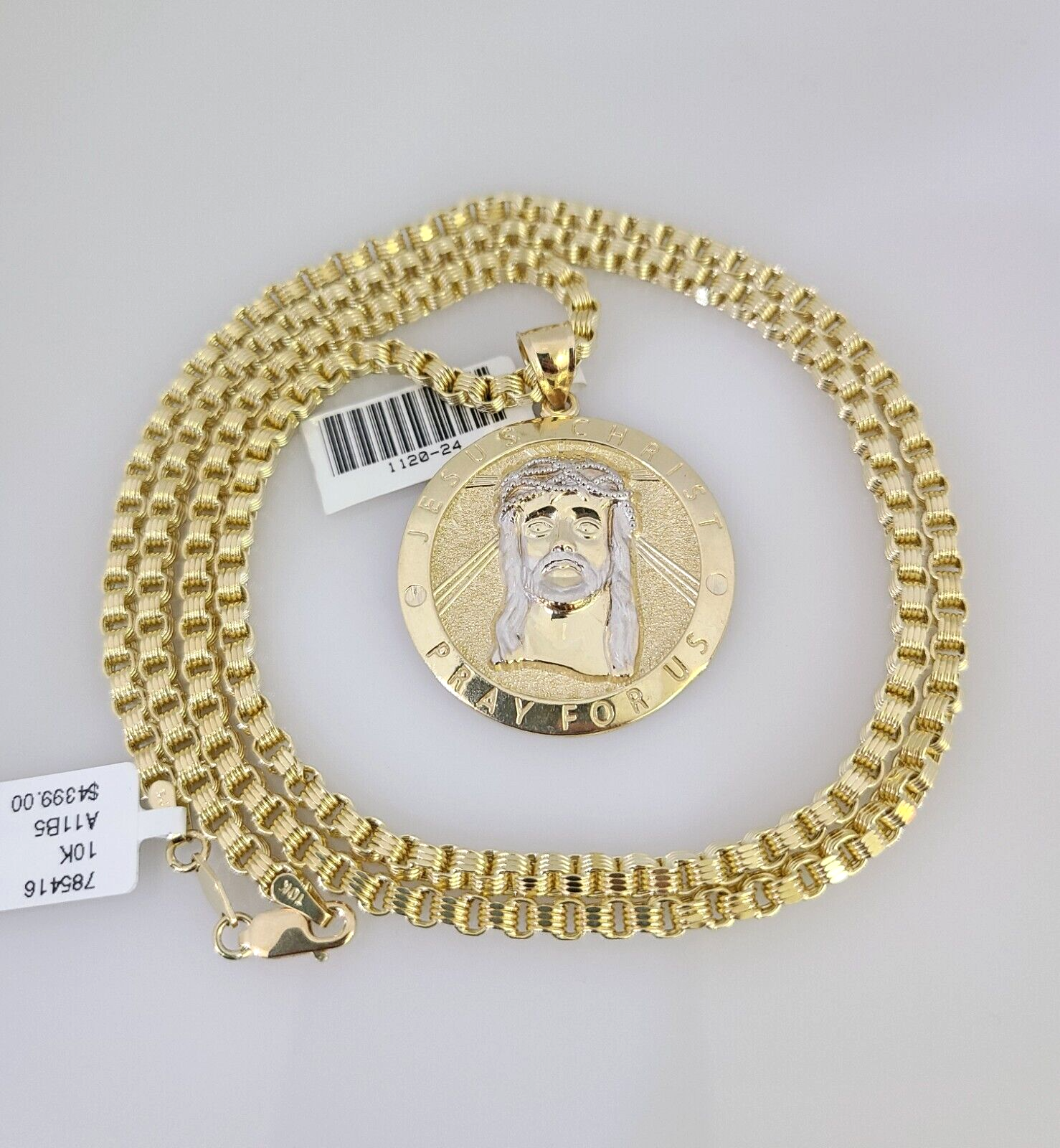 Real 10k Gold Byzantine Chain Jesus Charm Pendant SET 3mm 28 Inch Mens Necklace