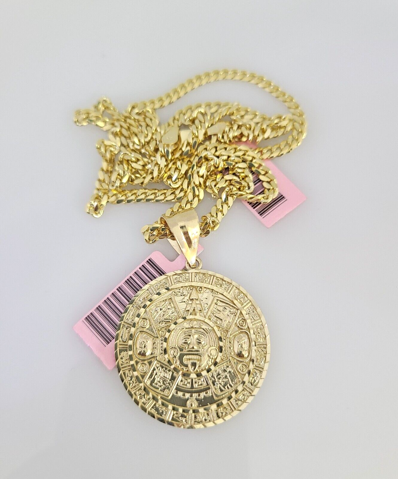 14k Gold Solid Chain Mayan Calendar Pendant Set 14kt Miami Cuban Link 3mm Charm
