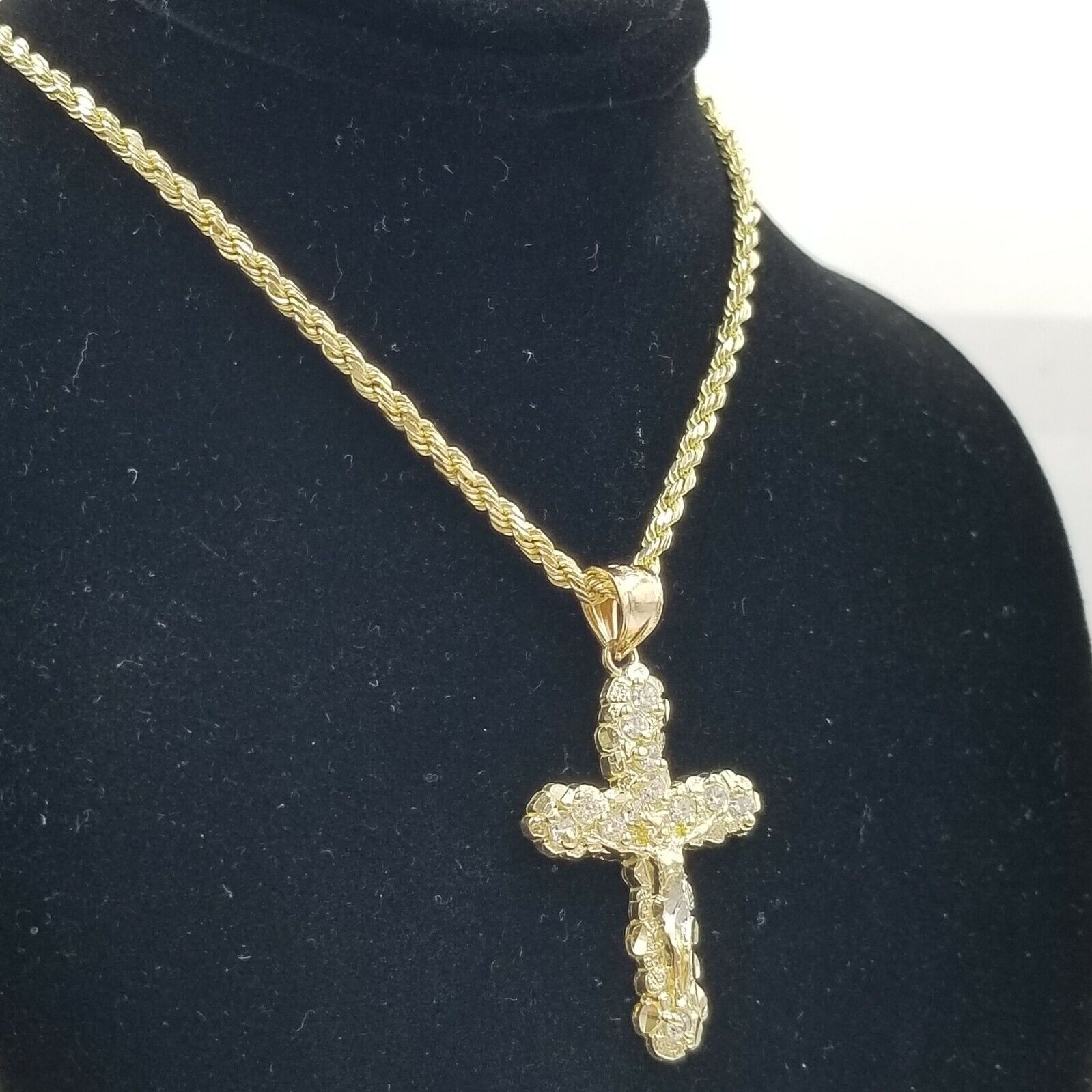 10k Yellow Gold Crucifix Cross Jesus Pendant Rope Chain 18" 20" 22" 24" 26
