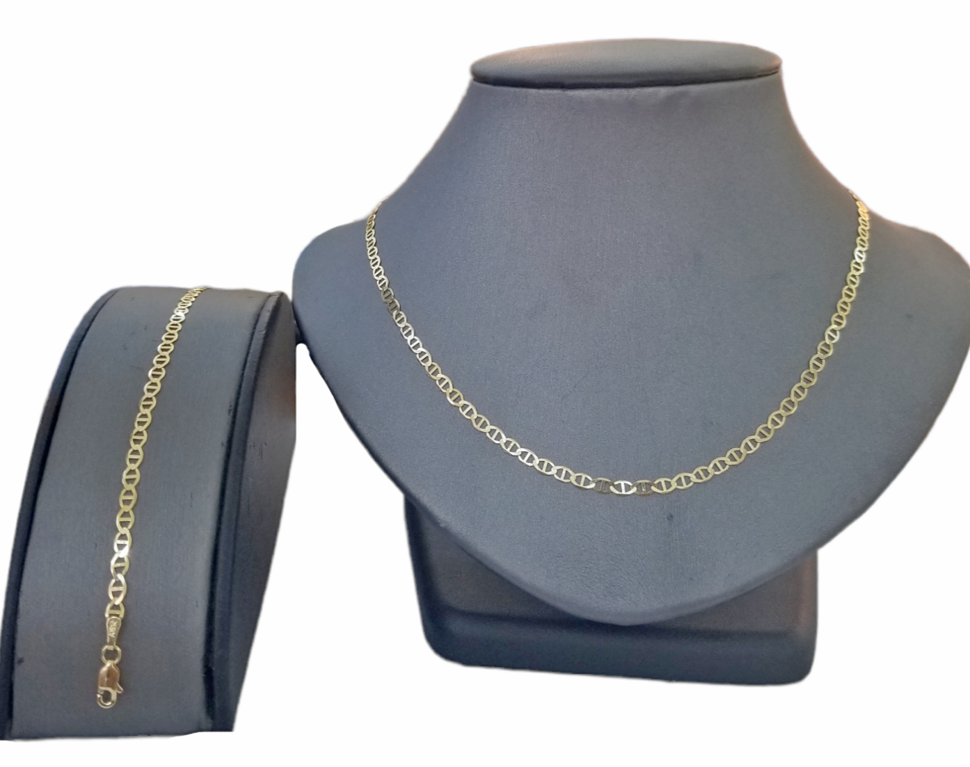 Real 10k Yellow Gold Mariner Anchor Link Necklace Bracelet Set 3mm Chain FOR LADIES