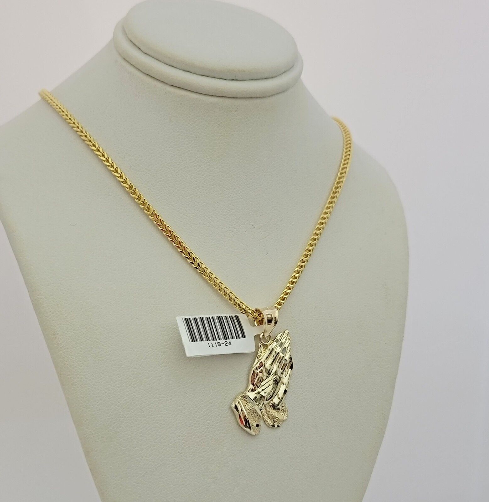 Real 10k Gold Franco Chain Praying Hand Charm pendant Set 2.5mm Necklace 24 Inch