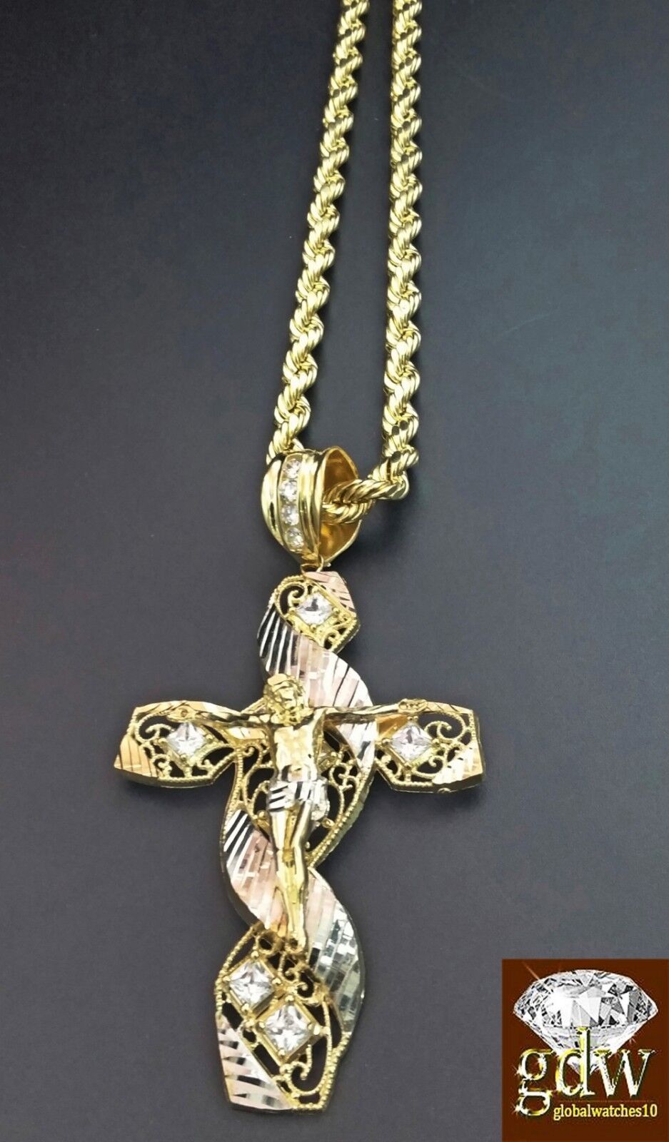 Real 10K Yellow Gold 28" Inch Rope Chain with Jesus Cross Charm Pendant Men