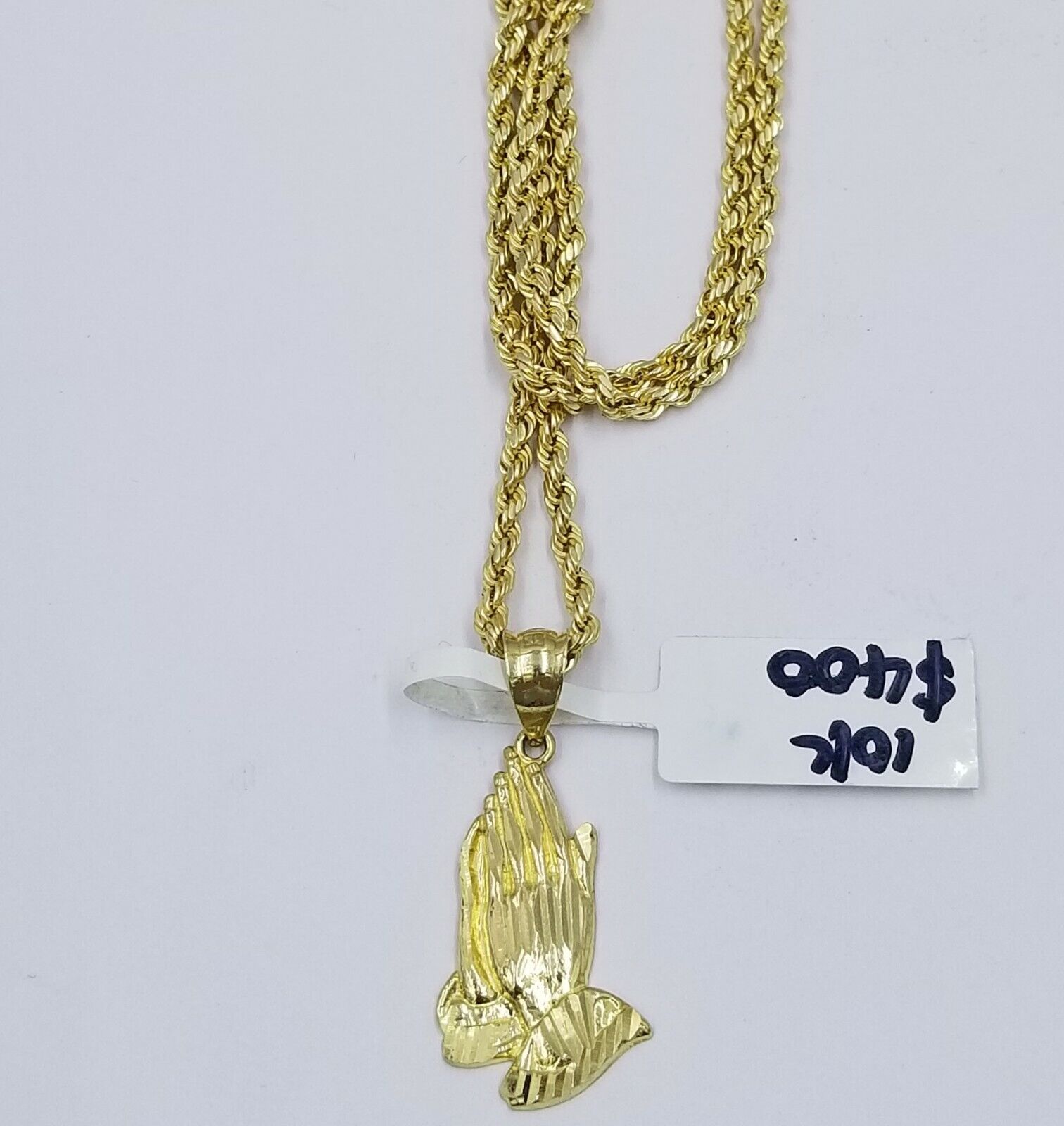 Real 10k Yellow Gold Praying Hand Charm Pendent Rope Chain 2.5mm 18" 20" 22" 24"