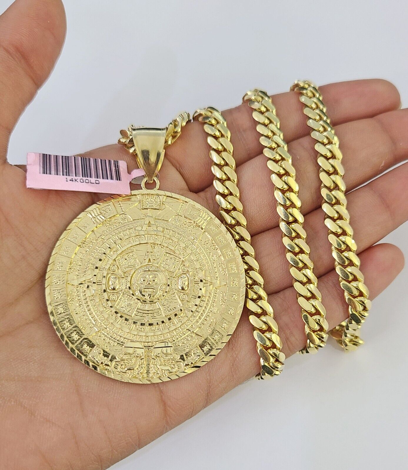 Real 14k Solid Chain Mayan Calendar Charm Set Miami Cuban Link 6mm Necklace