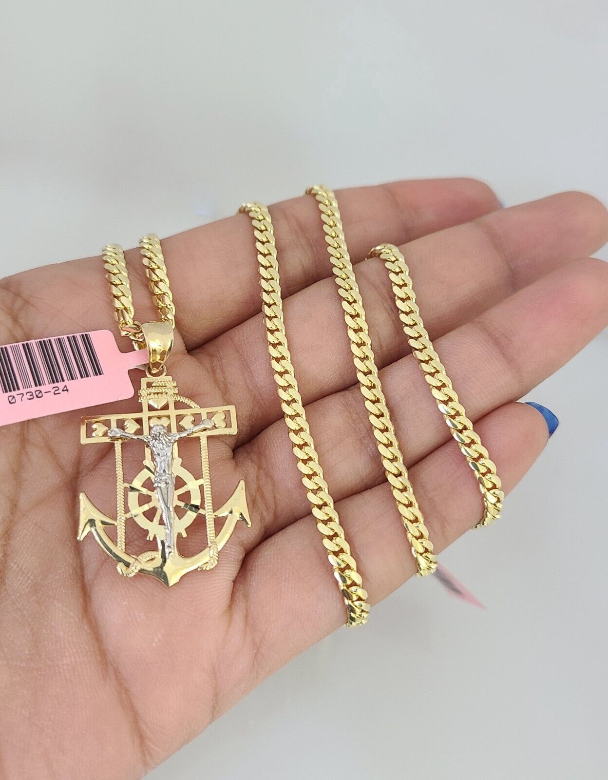 14k Gold Solid Chain Jesus Anchor Pendant Set 14kt Miami Cuban Link 3mm Charm