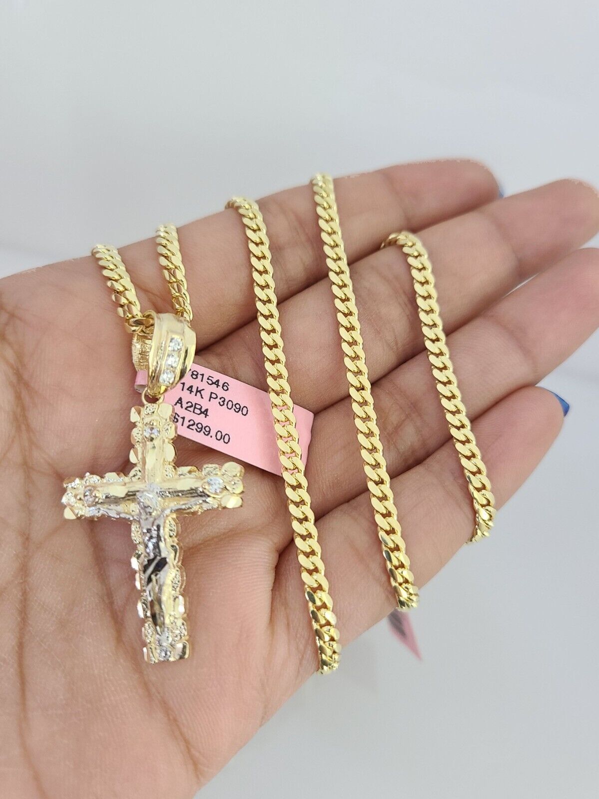 14k Gold Solid Chain 3mm Nugget Cross Pendant Set 14kt Miami Cuban Link Charm