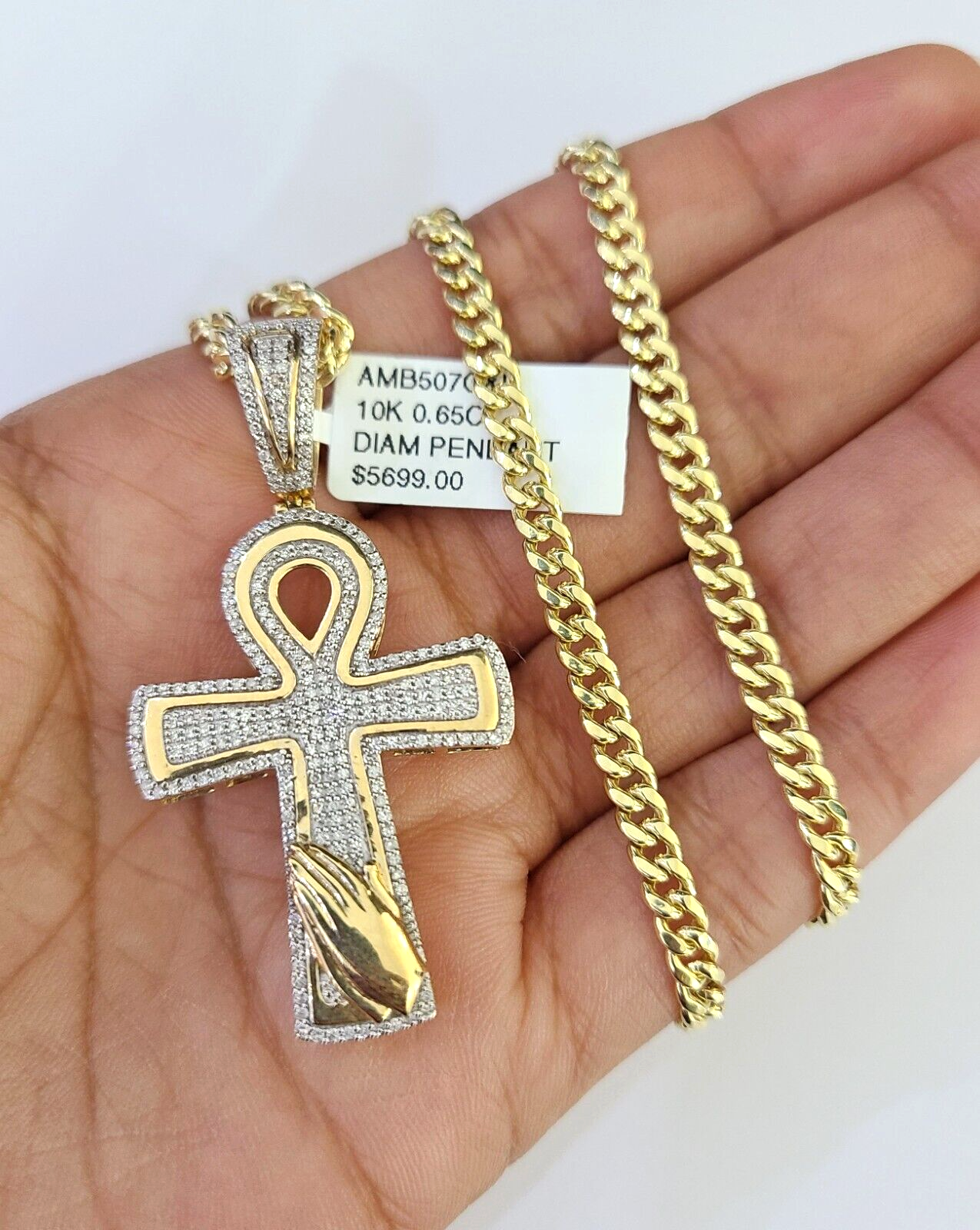 10k Miami Cuban Chain Diamond Jesus Cross Charm Set 4mm 18"-28" Necklace Gold