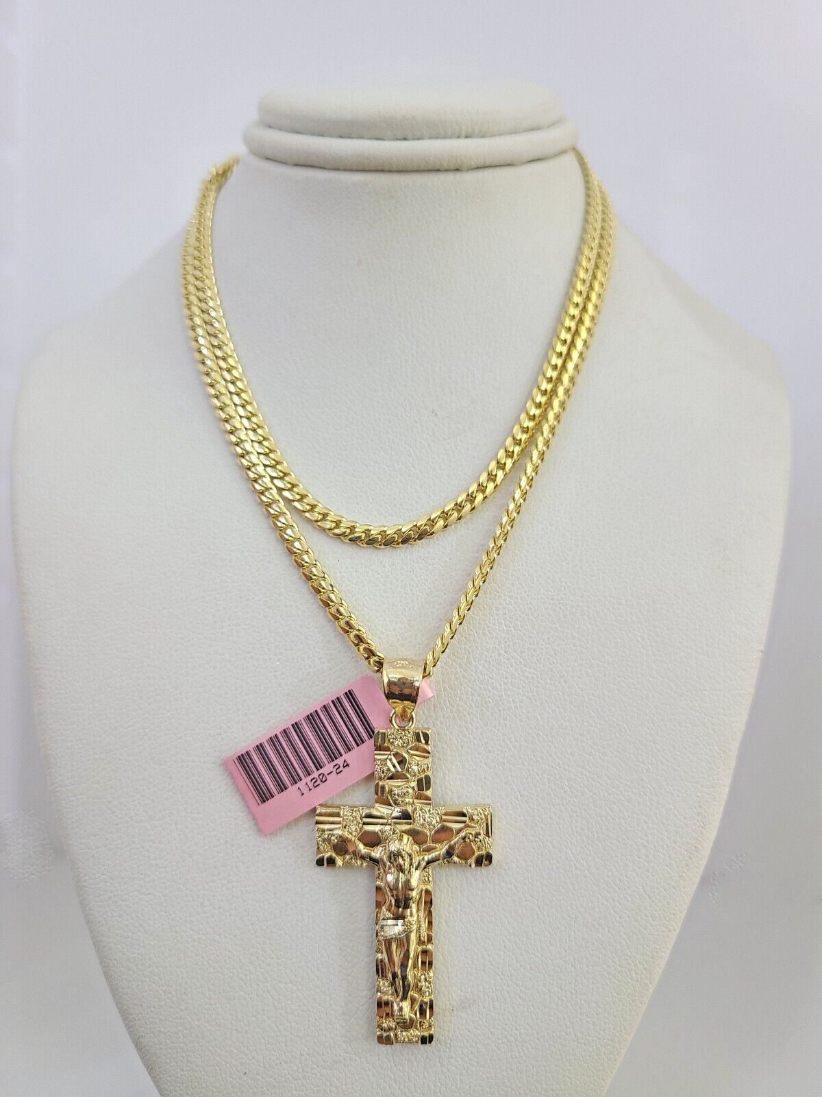 14k Gold Solid Chain Nugget Cross Pendant Set 14kt Miami Cuban Link 3mm Charm