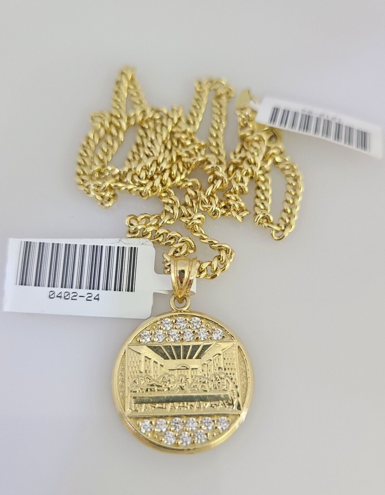 Real 10k Gold Chain Pendant SET Last Supper Charm Miami Cuban Link Necklace 2mm