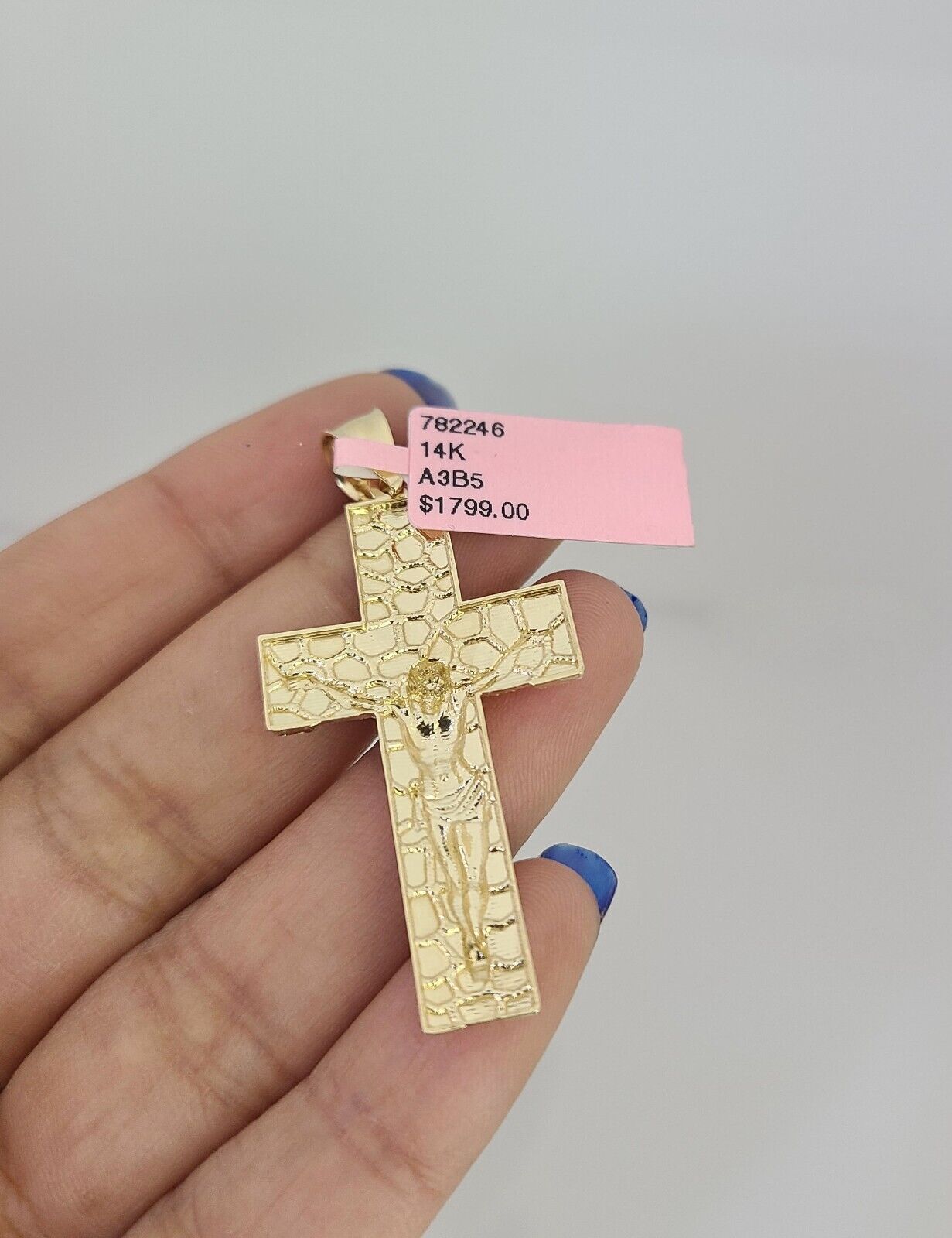 14k Gold Solid Chain Nugget Cross Pendant Set 14kt Miami Cuban Link 3mm Charm