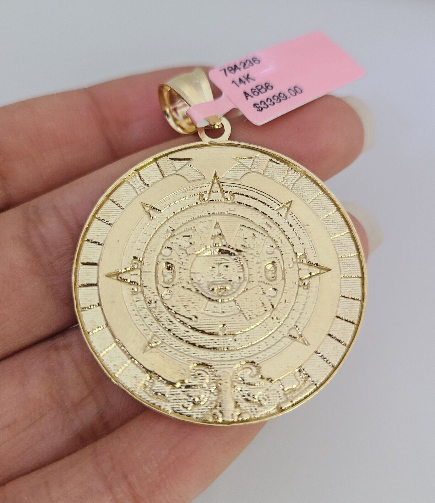 14K Gold Necklace Chain Mayan Calendar Charm Turkish Byzantine 4mm 24" Pendant