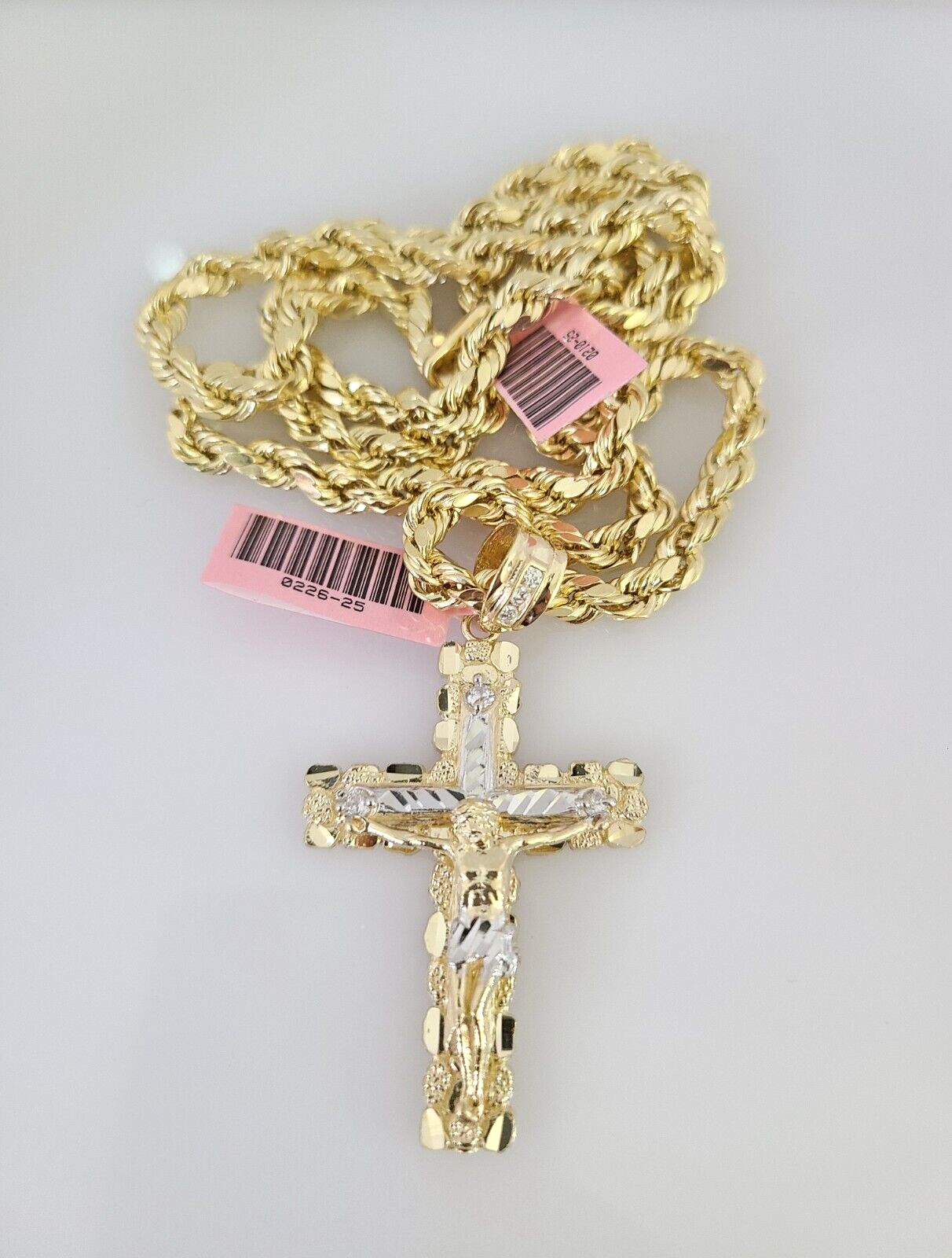 14k Gold Rope Chain Necklace Set 6mm Nugget Cross Charm Pendant 18"-28" inch