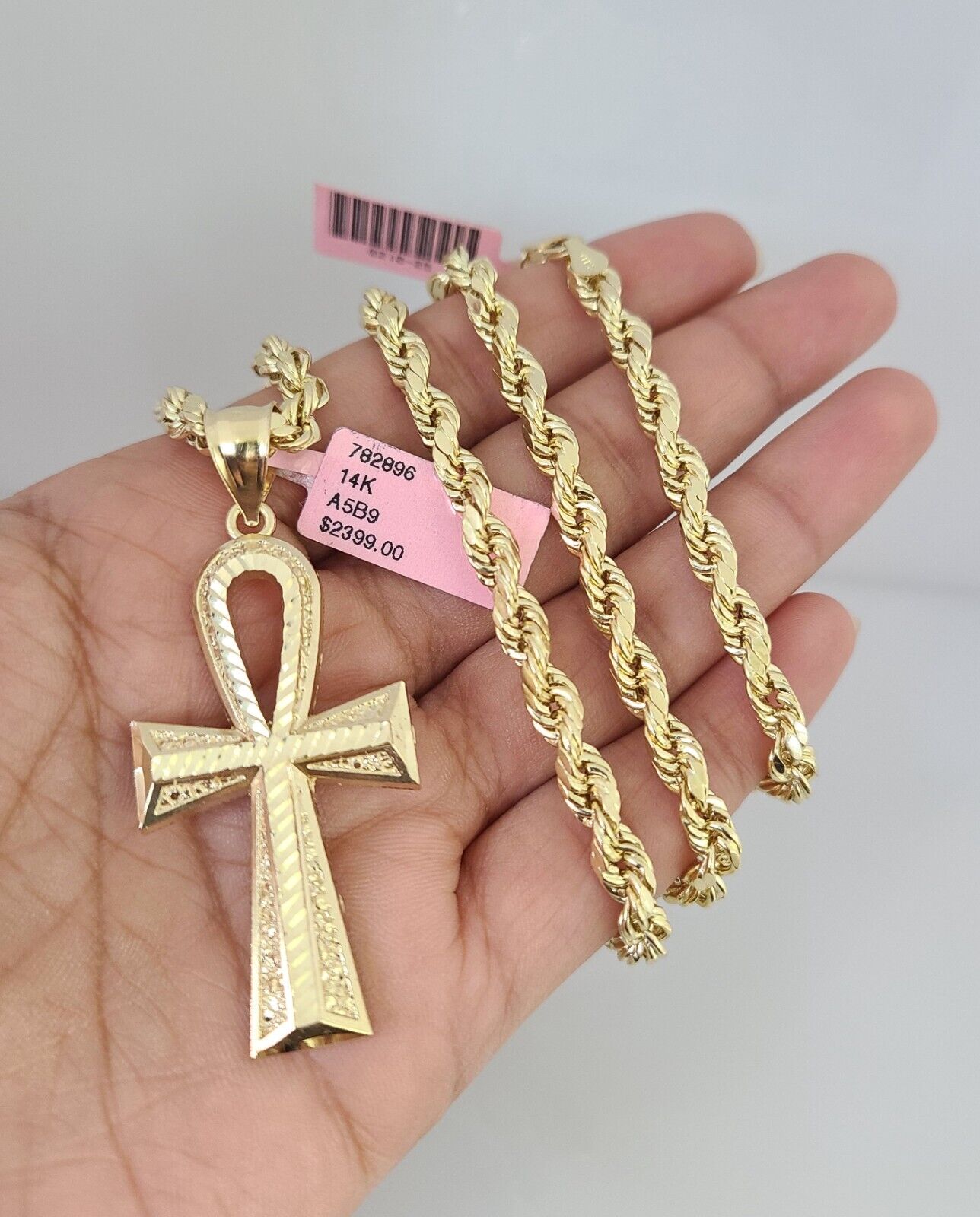 14k Gold Rope Chain Necklace Set 6mm Ankh Cross Charm Pendant 18"-28" inch