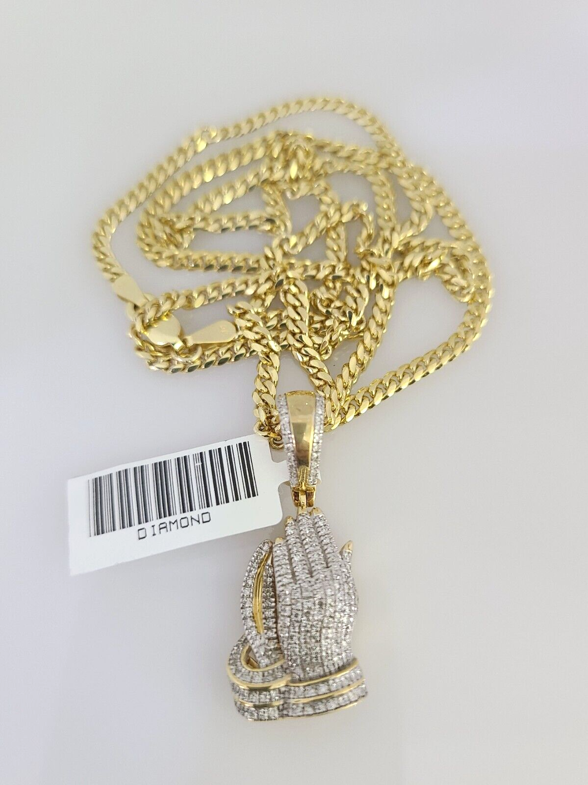 10K Solid Gold Miami Cuban Chain SET Diamond Praying Hands Charm 18"-26" 2.5mm
