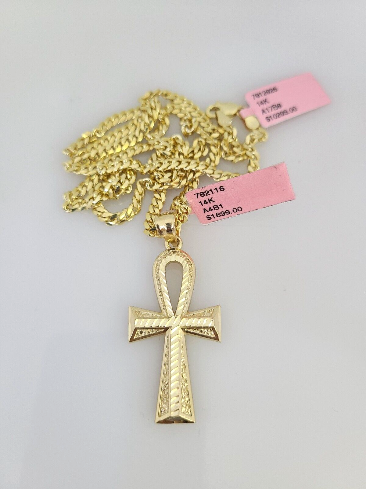 14k Gold Solid Chain Ankh Cross Pendant Set 14kt Miami Cuban Link 3mm Charm