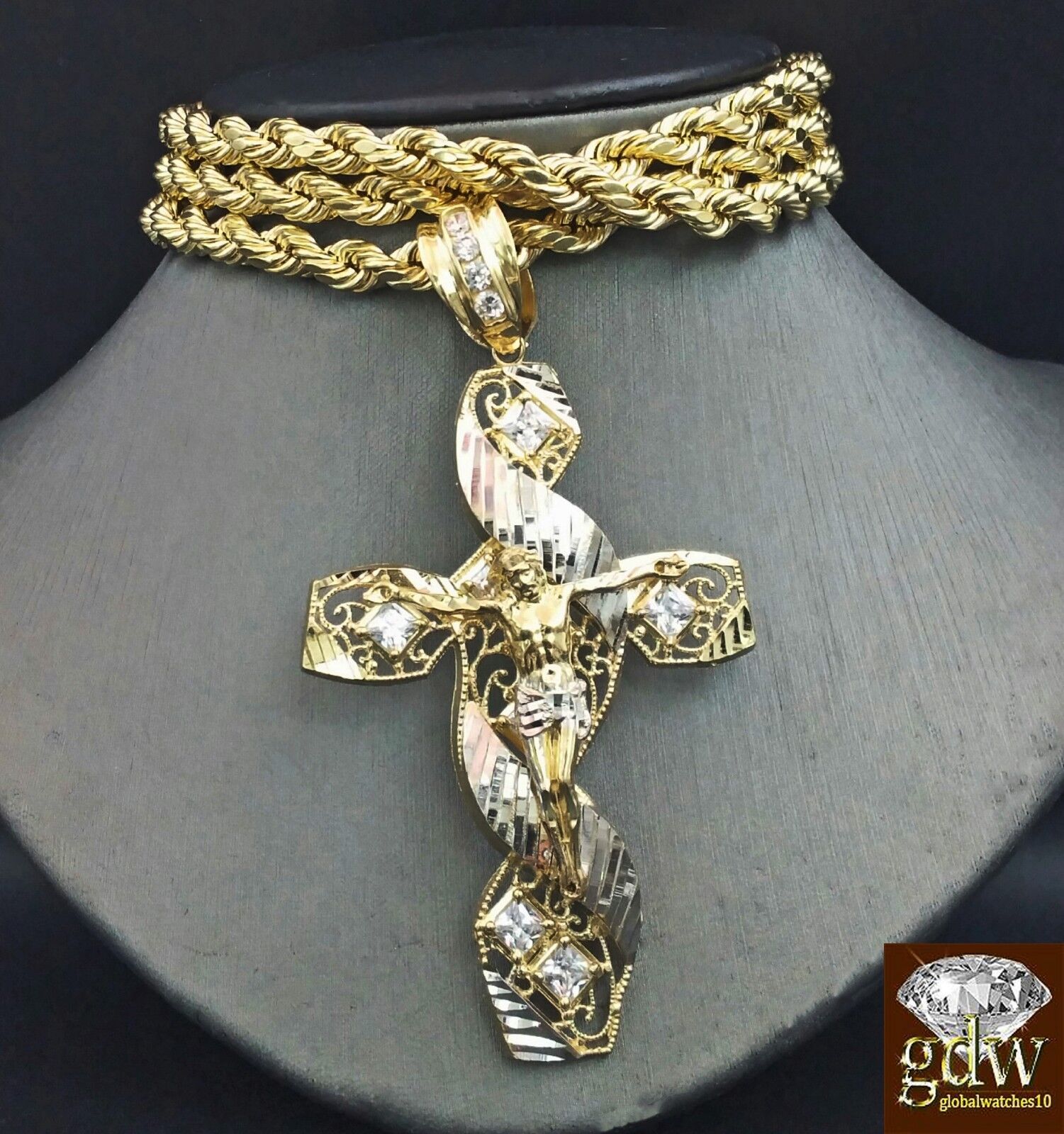 Real 10K Yellow Gold 28" Inch Rope Chain with Jesus Cross Charm Pendant Men