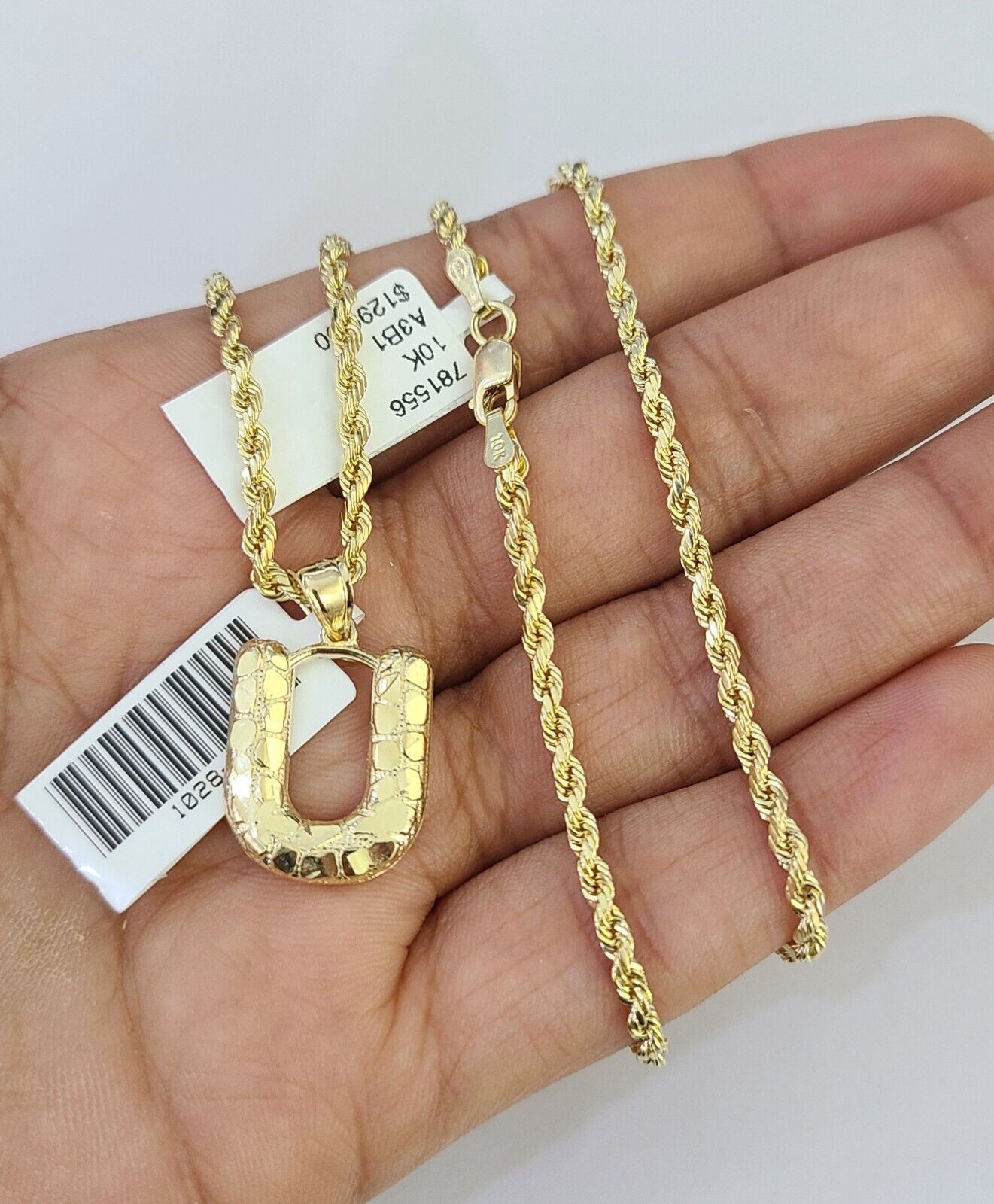 10k Gold Initial U Charm Rope Chain 16"-26" 2.5mm SET Necklace Alphabet Pendant