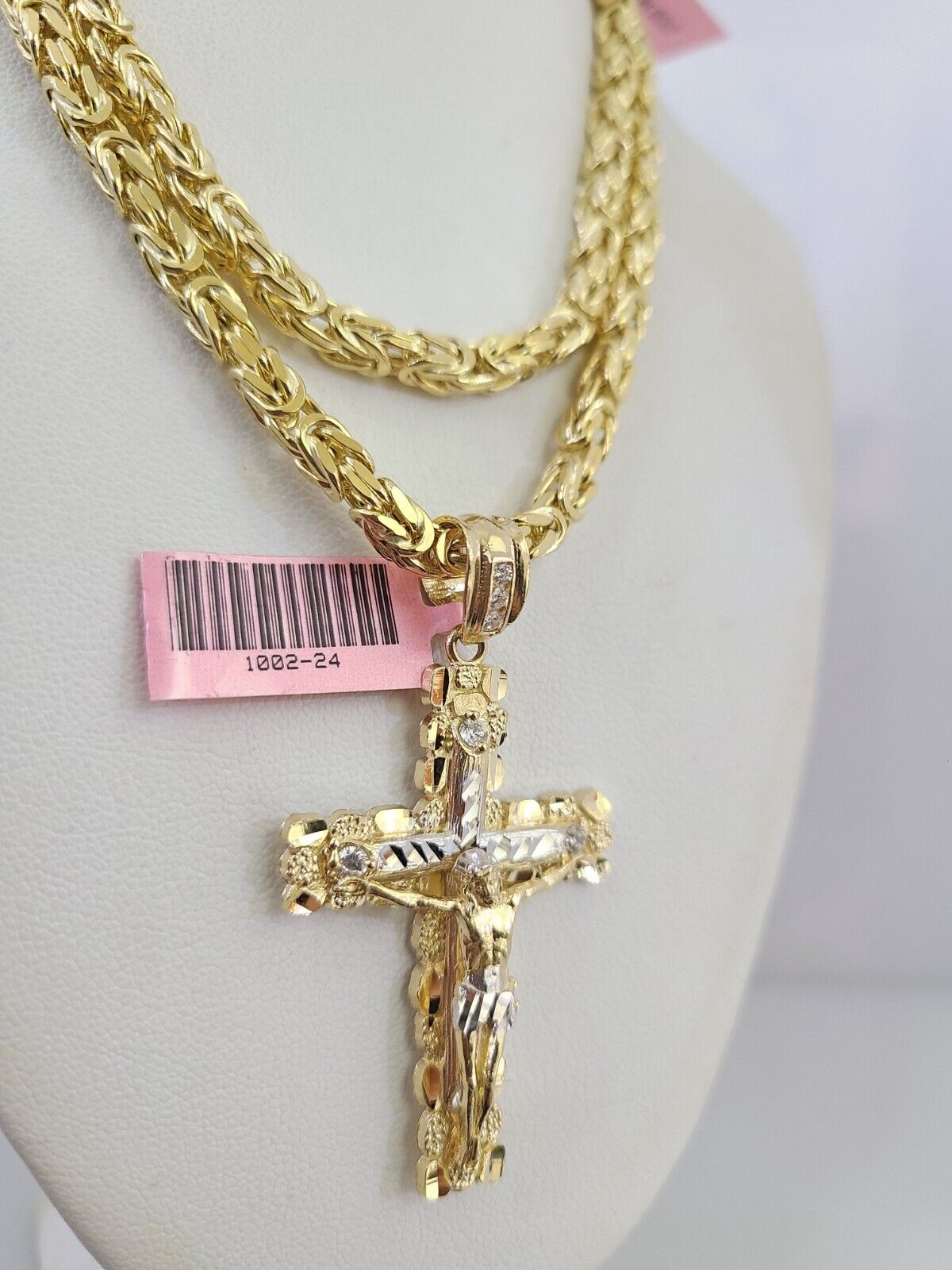14K Gold Necklace Chain Jesus Nugget Cross Turkish Byzantine 4mm 24" Pendant