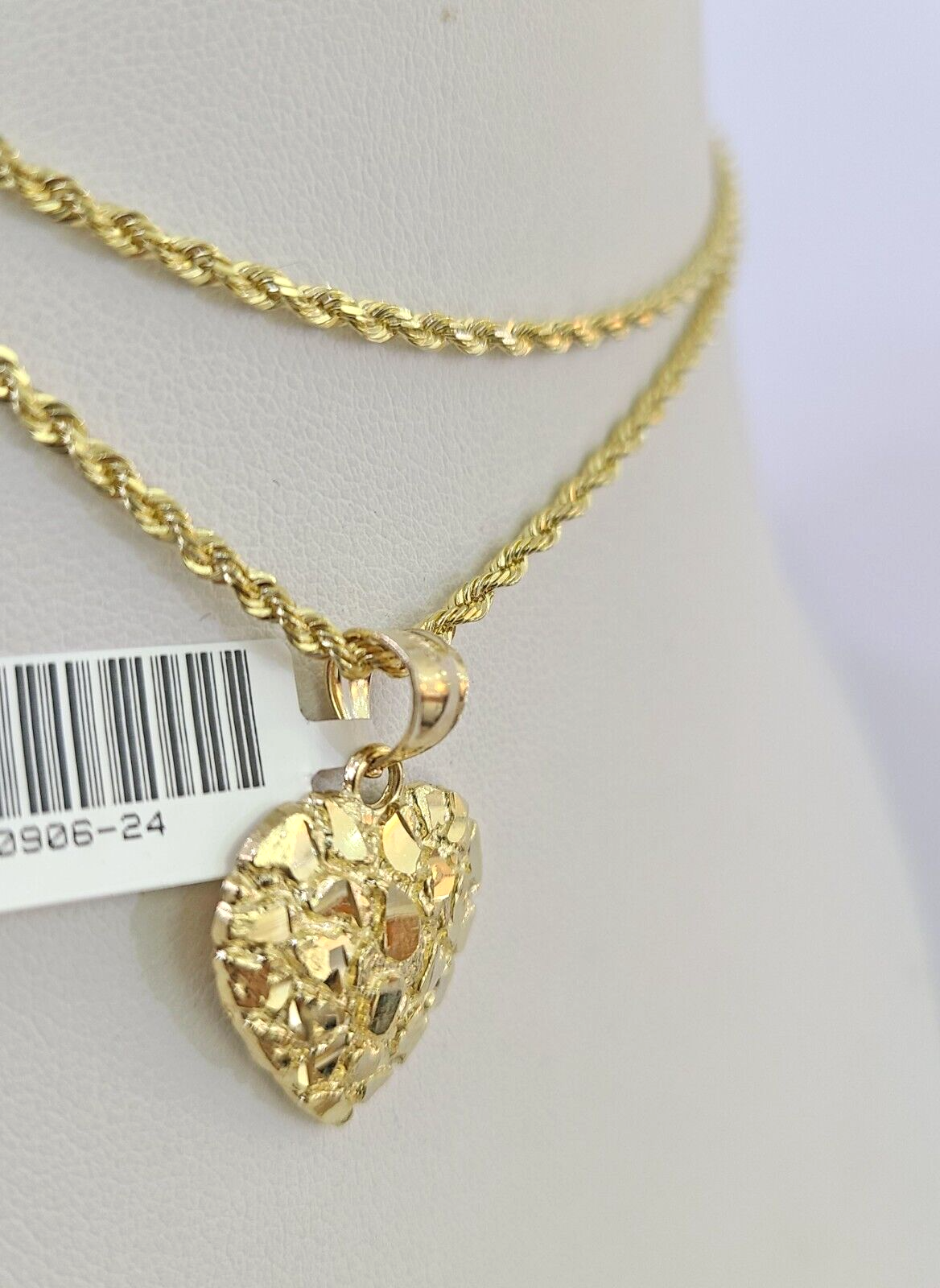 10k Solid Rope Chain 2mm Nugget Heart Pendant Charm Necklace SET 16"-22" Ladies