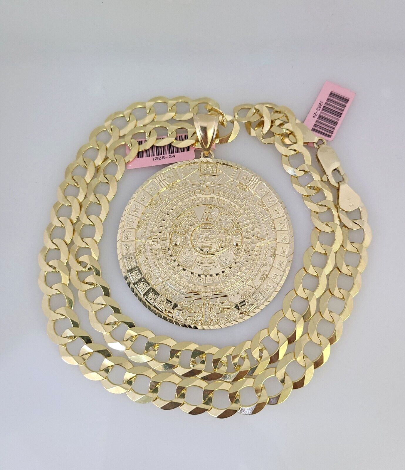 14k Gold Chain Mayan Calendar Charm Solid Cuban Curb 10mm 20"-30" SET Necklace