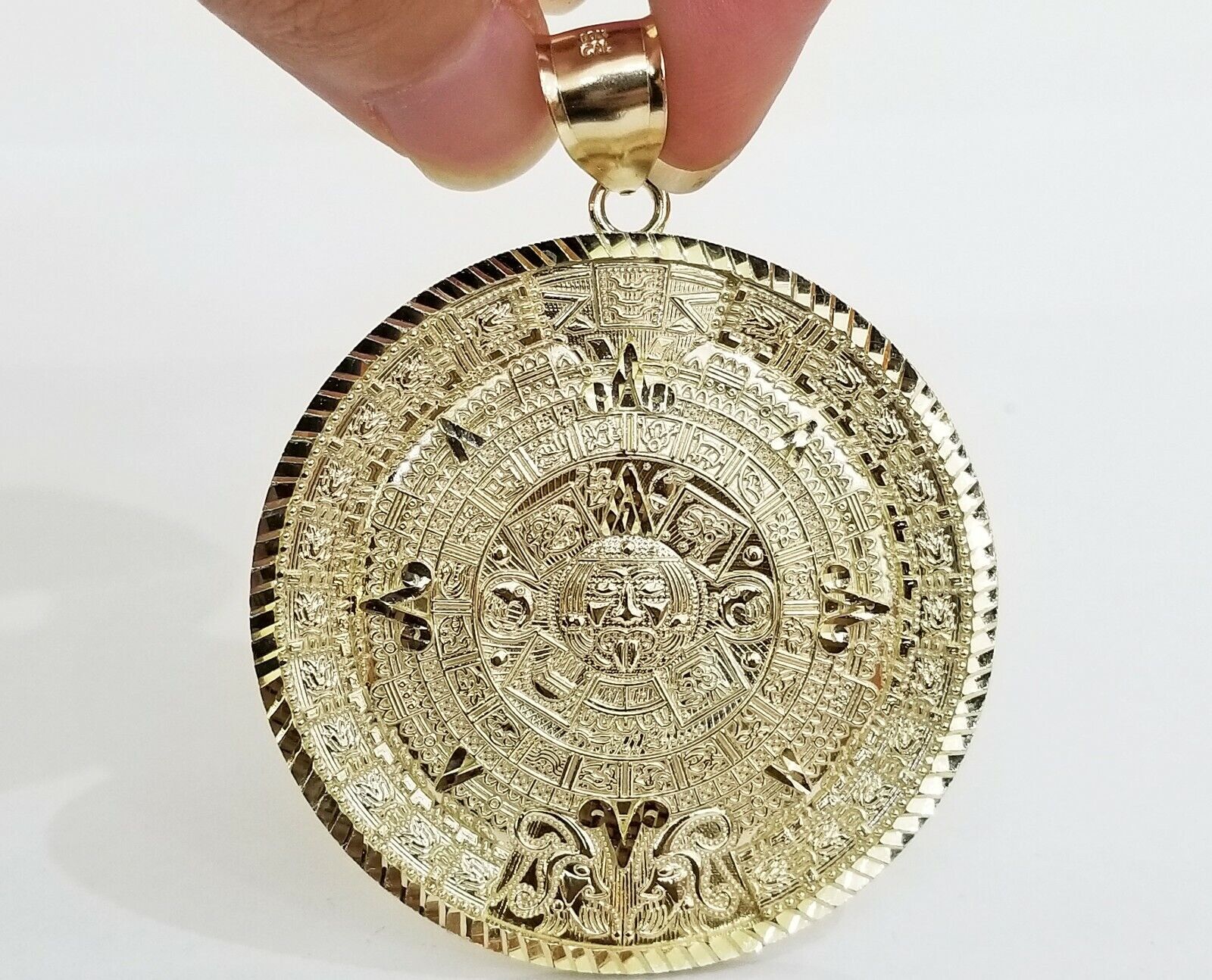10k Real Gold Aztec Calendar Pendant Charm 3mm 20" 22" 24" Franco Chain