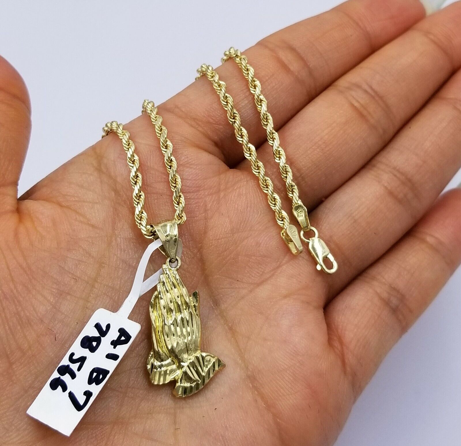 Real 10k Yellow Gold Praying Hand Charm Pendent Rope Chain 2.5mm 18" 20" 22" 24"