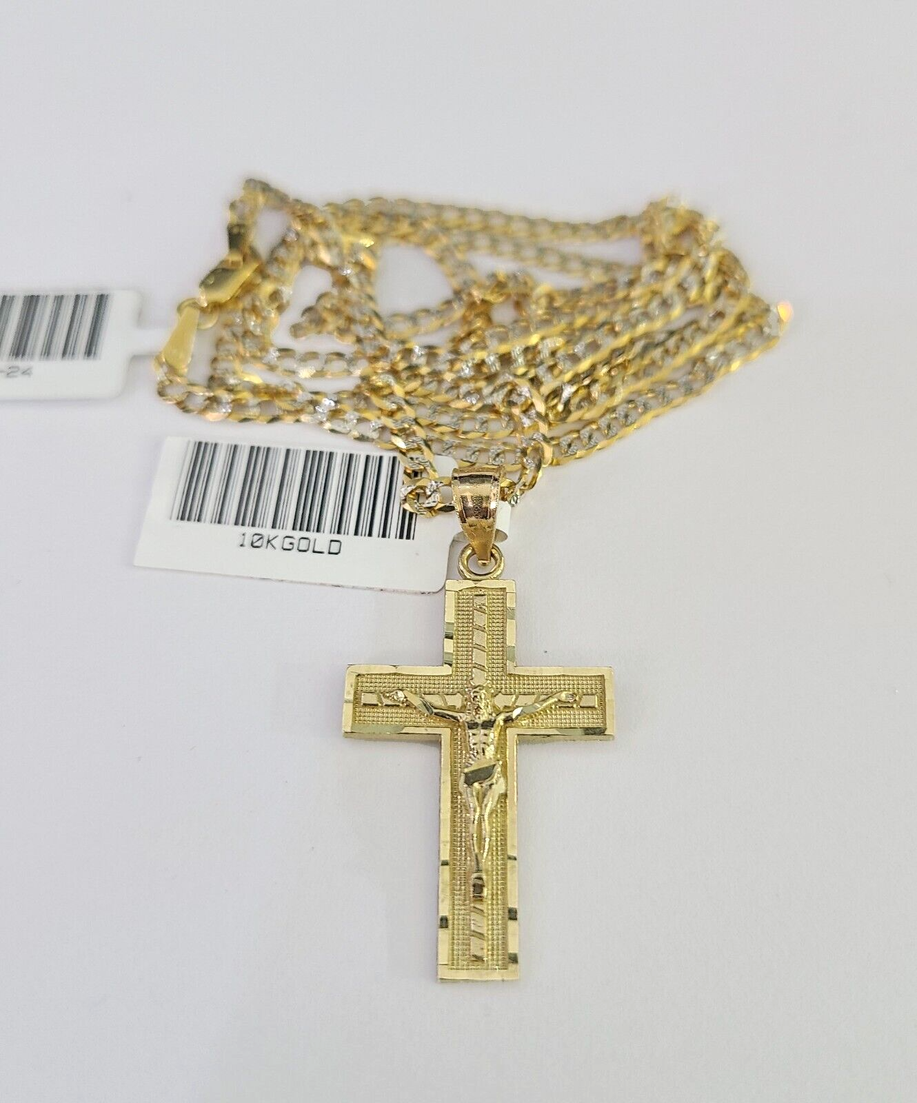 10k Solid Gold Cuban Curb Chain Jesus Cross Pendant 2mm 18"-24" SET Necklace