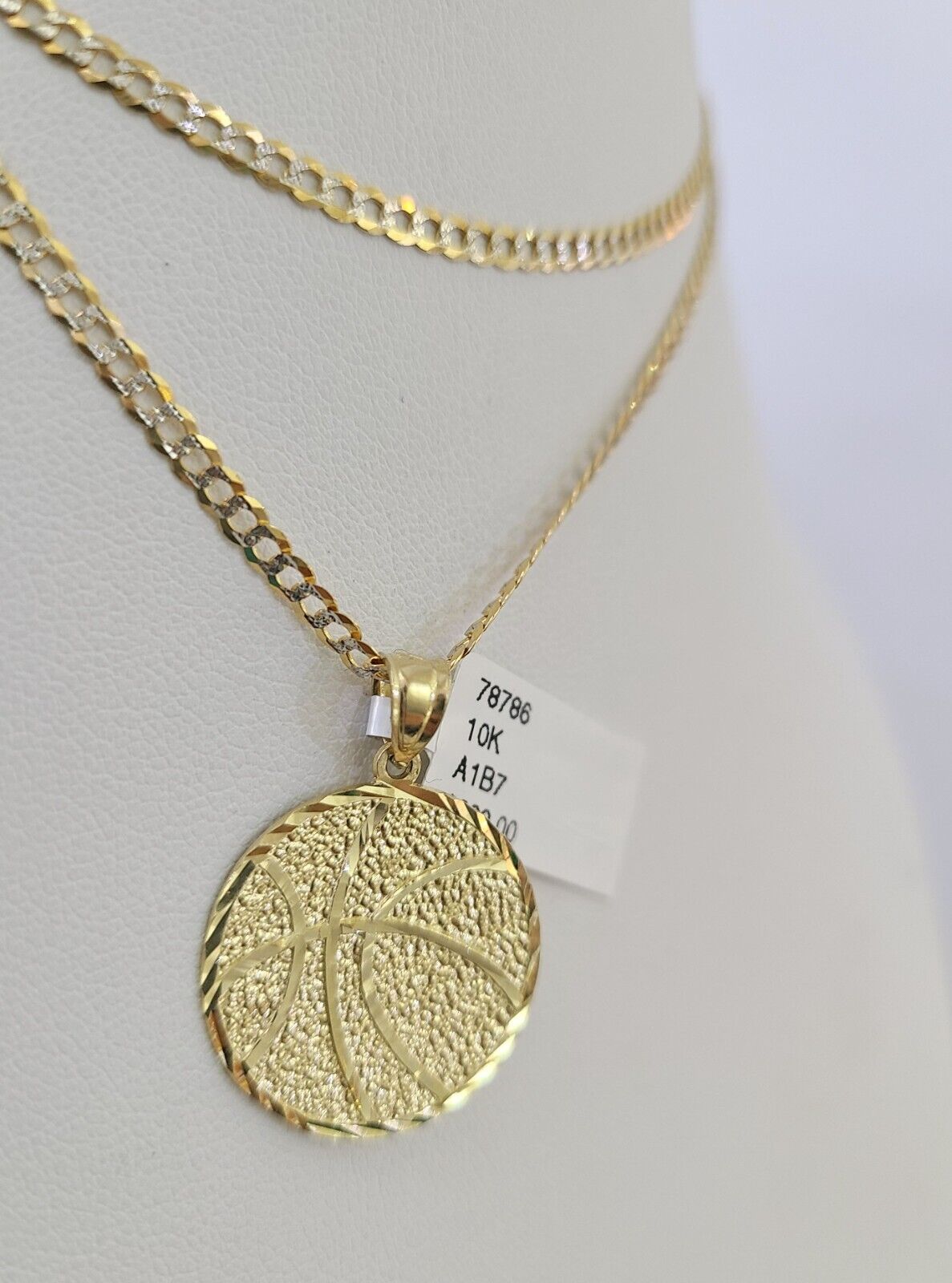 10k Solid Gold Cuban Curb Chain Basket Ball Pendant 2mm 18"-24" SET Necklace