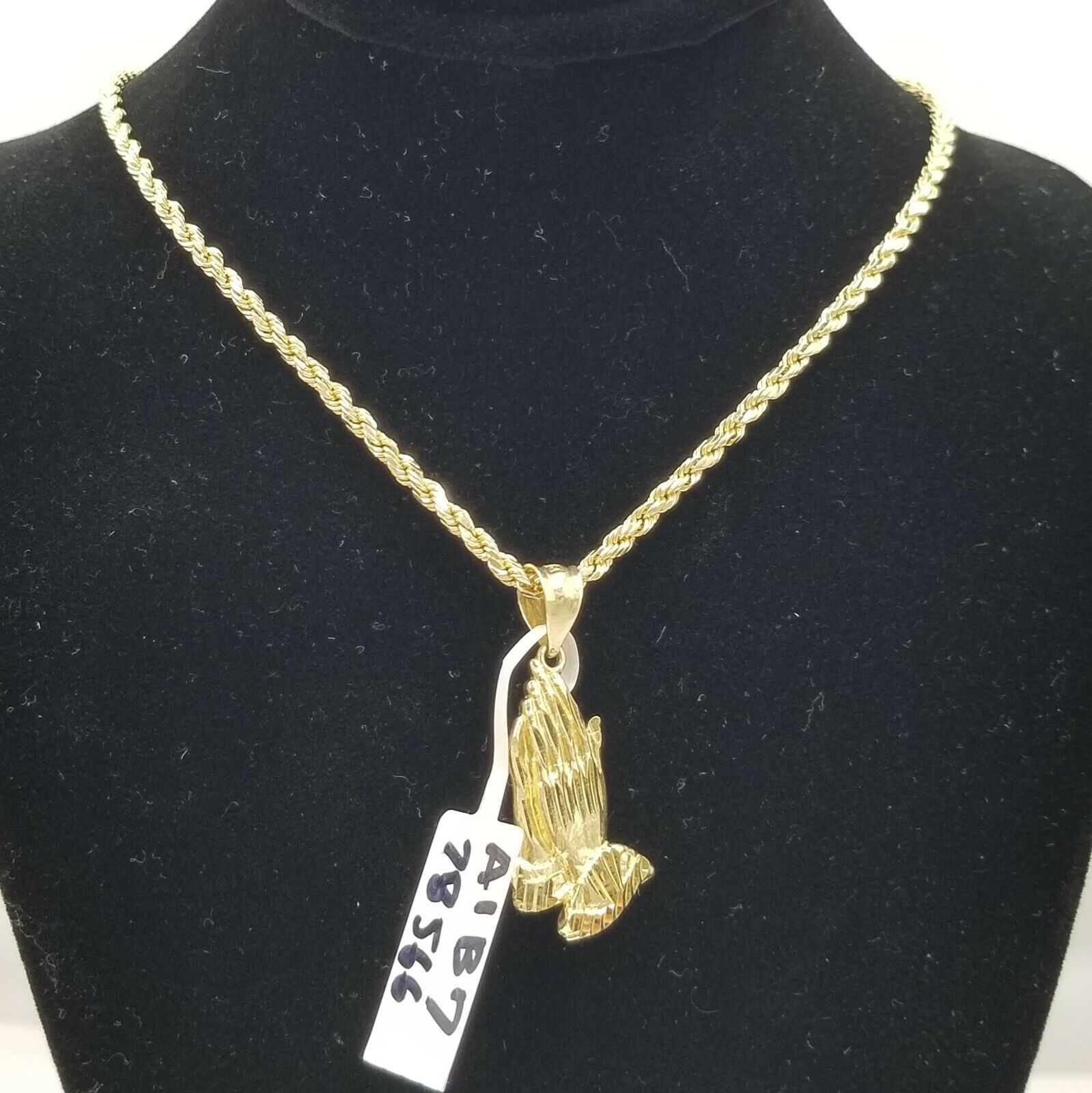 Real 10k Yellow Gold Praying Hand Charm Pendent Rope Chain 2.5mm 18" 20" 22" 24"