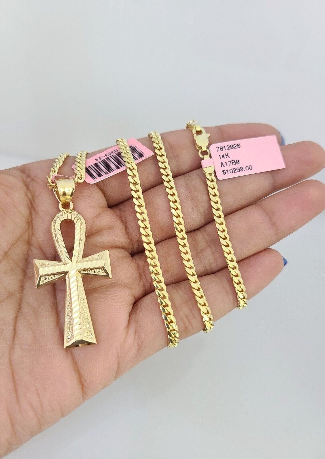 14k Gold Solid Chain Ankh Cross Pendant Set 14kt Miami Cuban Link 3mm Charm