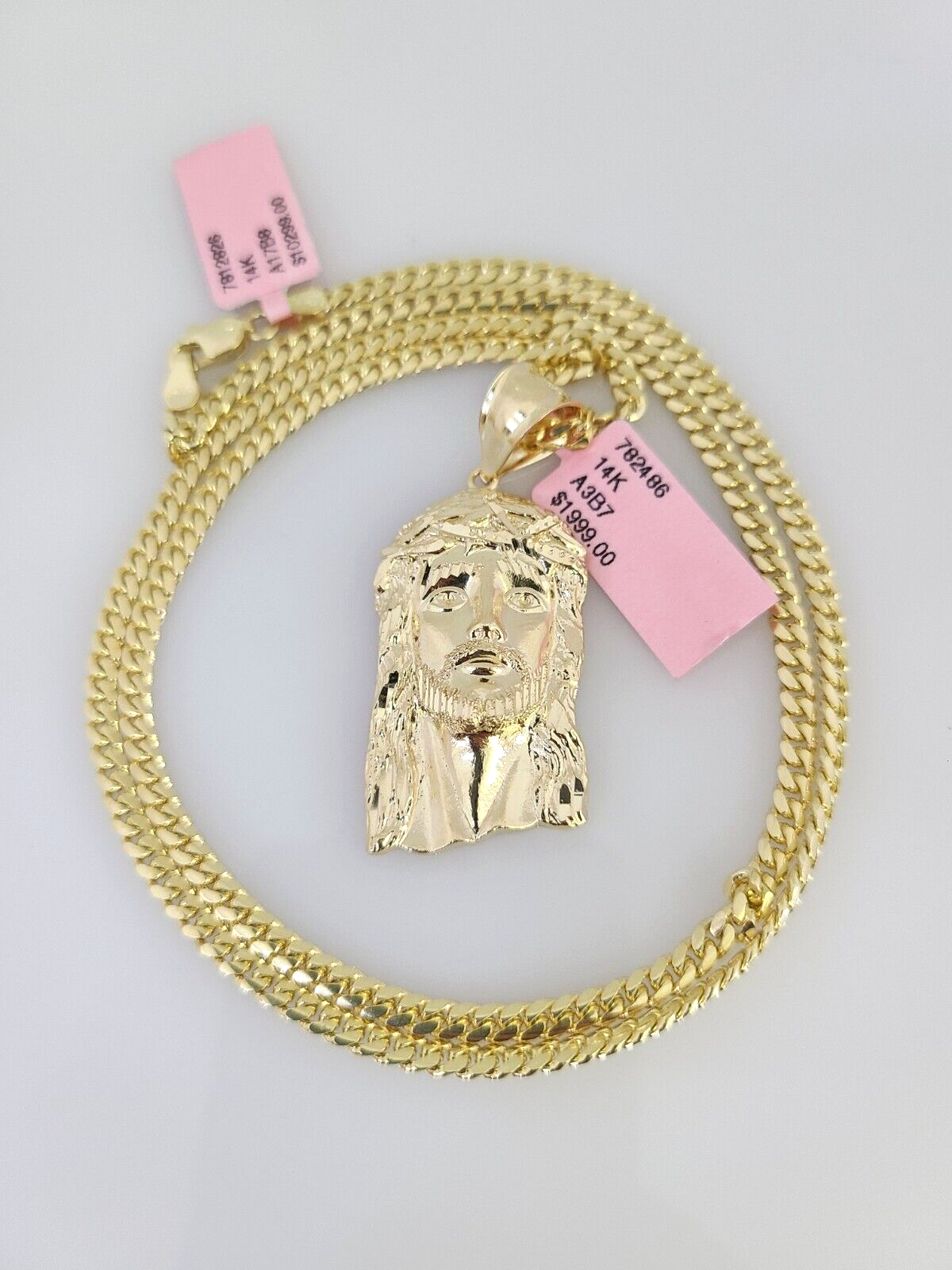 14k Gold Solid Chain Jesus Head Pendant Set 14kt Miami Cuban Link 3mm Charm