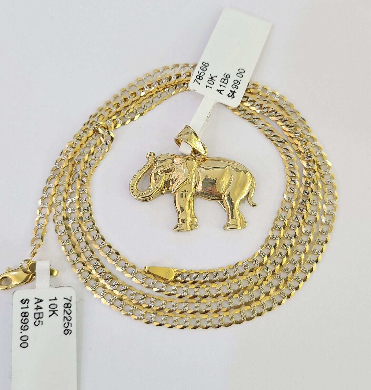 10k Solid Gold Cuban Curb Chain Elephant Pendant 2mm 18"-24" SET Necklace