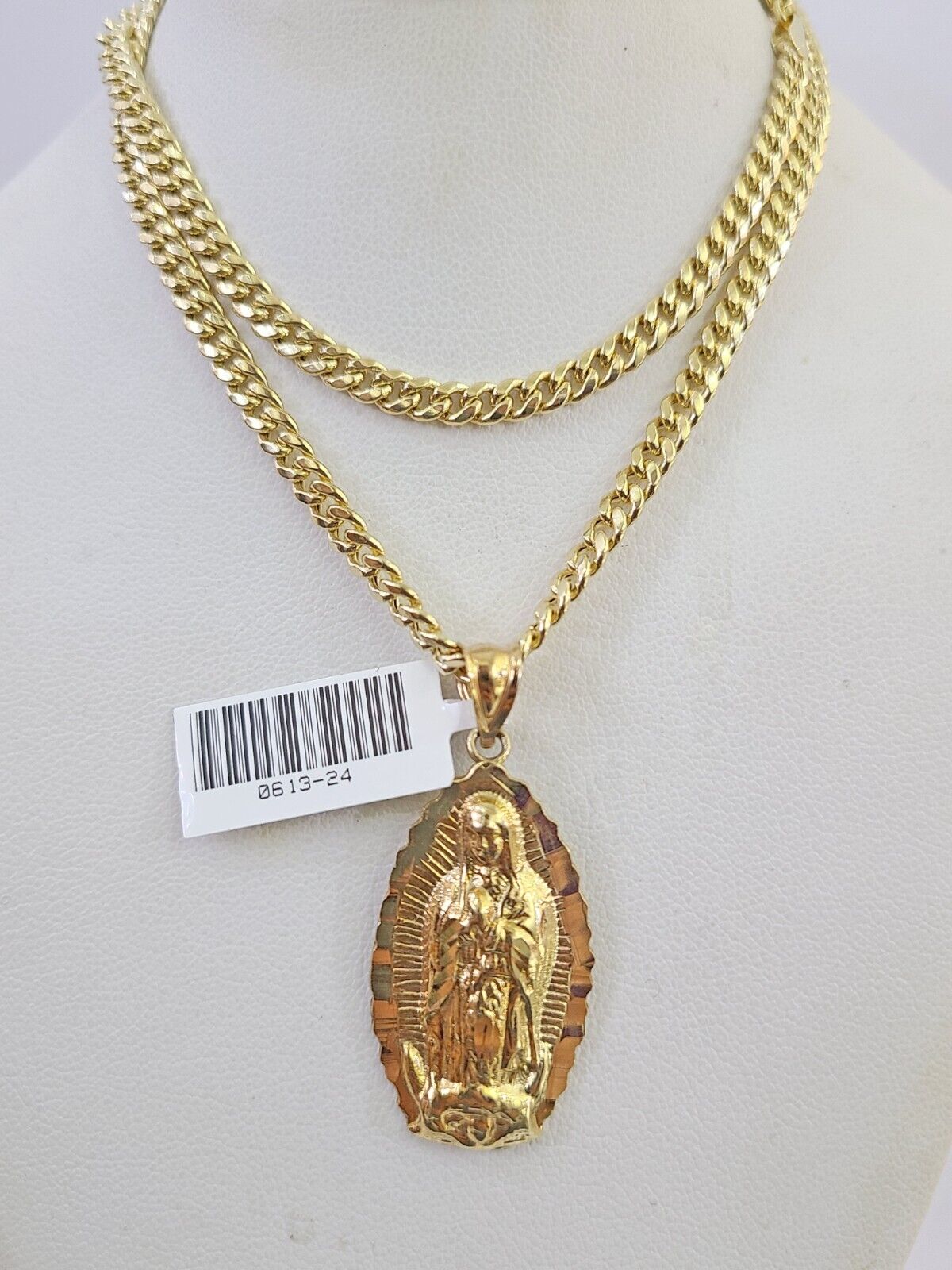 10k Miami Cuban Chain Virgin Mary Charm Set 4mm 18"-28" Necklace Yellow Gold