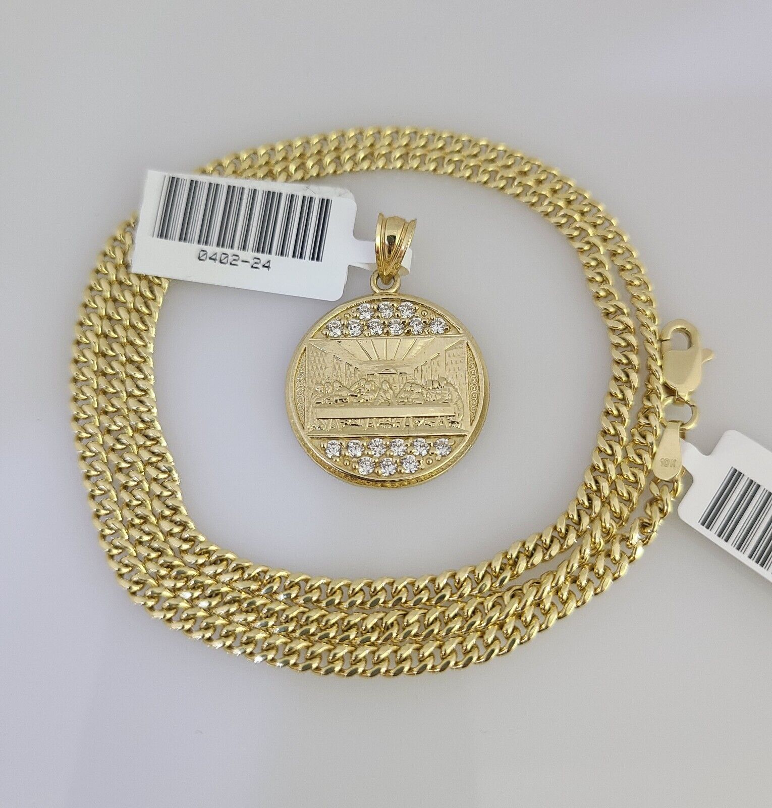 Real 10k Gold Chain Pendant SET Last Supper Charm Miami Cuban Link Necklace 2mm
