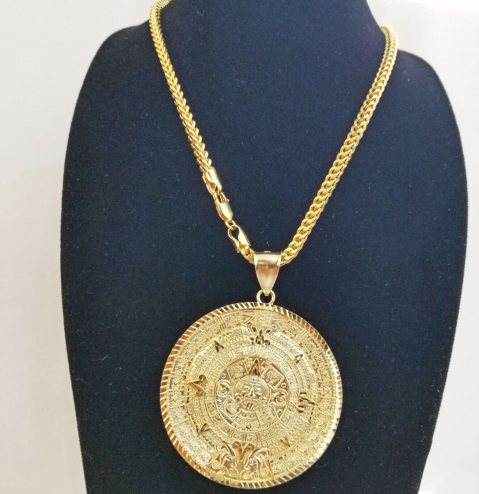 10k Real Gold Aztec Calendar Pendant Charm 3mm 20" 22" 24" Franco Chain