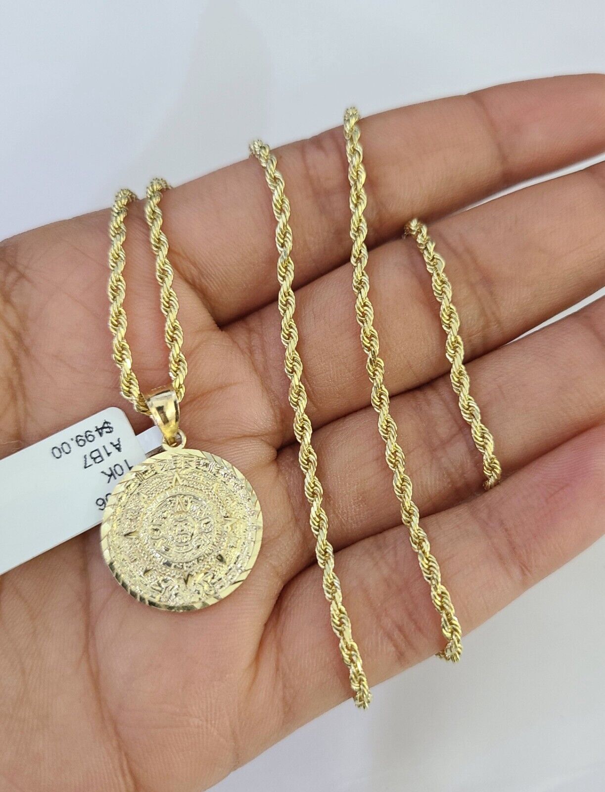 10k Solid Rope Chain Mayan Calendar Pendant Charm Necklace 18-24" SET 2mm