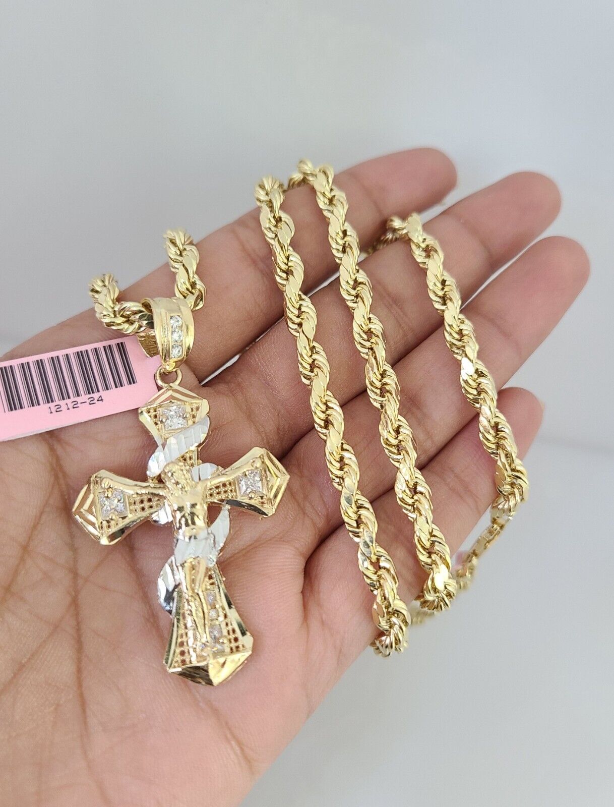 14k Gold Rope Chain Necklace Set 6mm Spiral Cross Charm Pendant 18"-28" inch