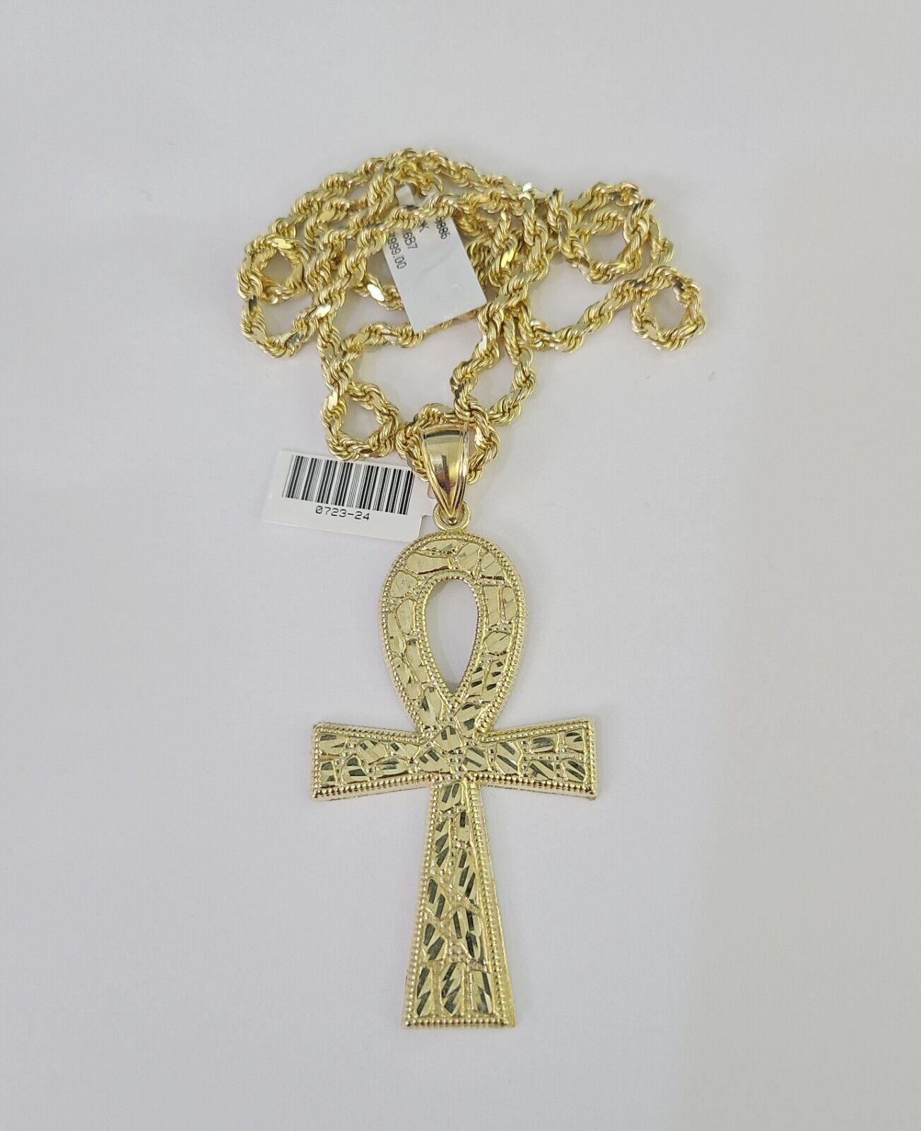 10k Solid Rope Chain Ankh Cross Charm Set 4mm 20"-28" Necklace Gold Yellow