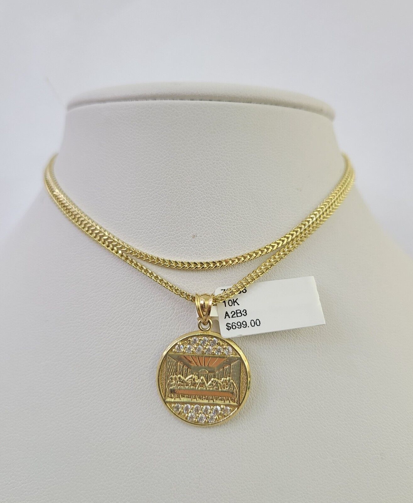 10K Franco Chain Last Supper  Pendant Charm Necklace 16"-24" 2mm Gold SET