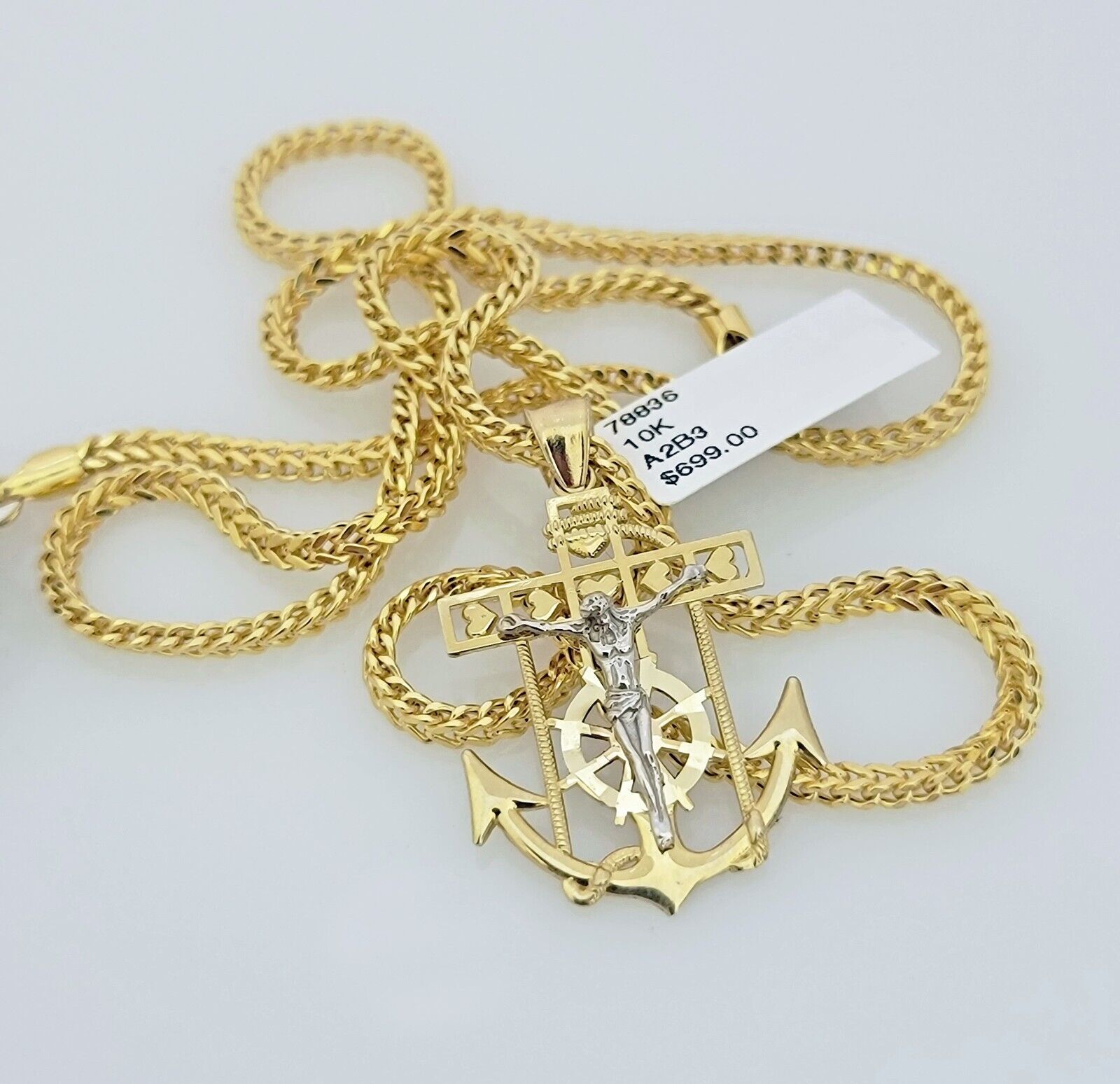Real 10k Gold Franco Chain Anchor Cross Charm pendant Set 2.5mm Necklace 22 Inch