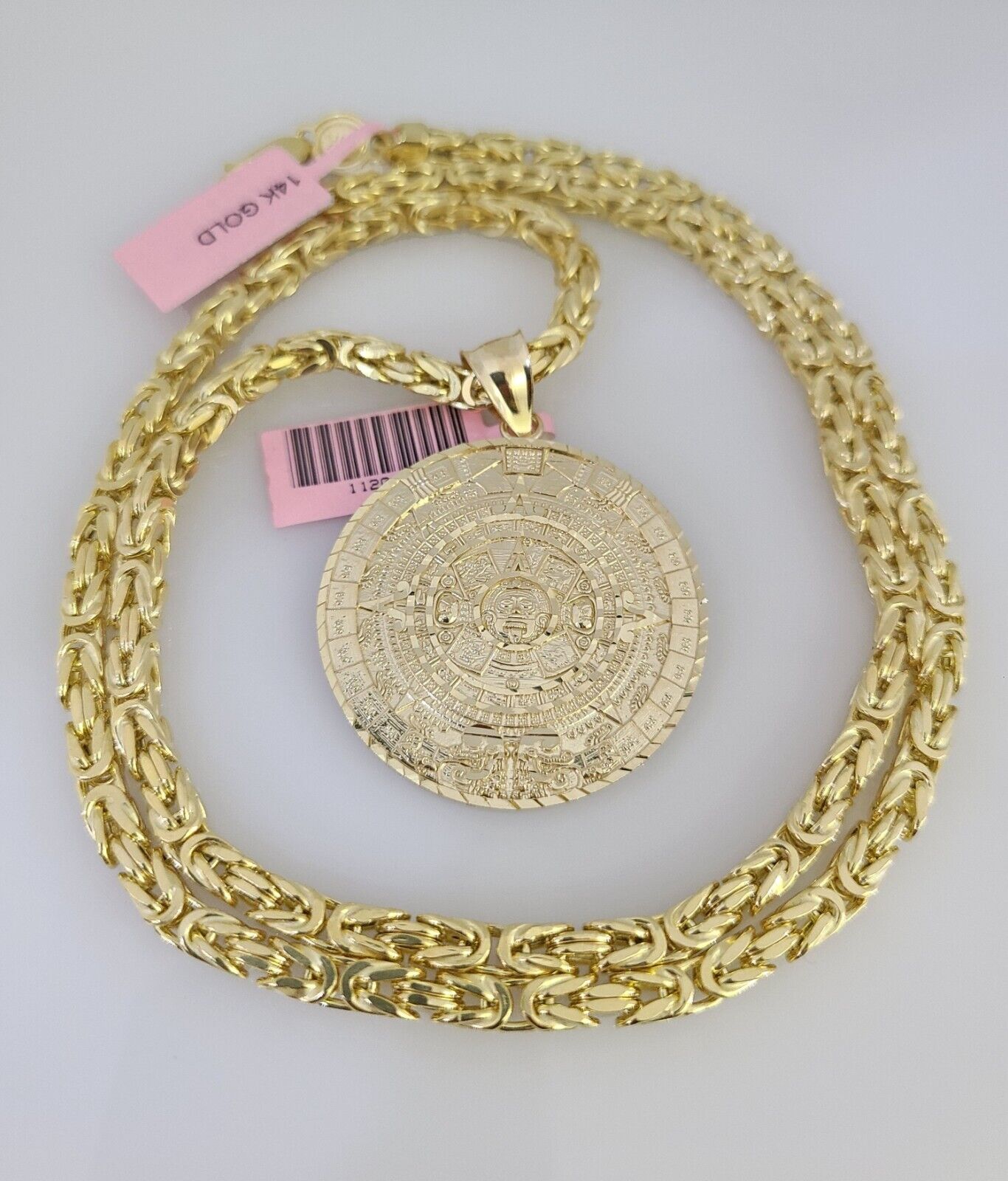 14K Gold Necklace Chain Mayan Calendar Charm Turkish Byzantine 4mm 24" Pendant