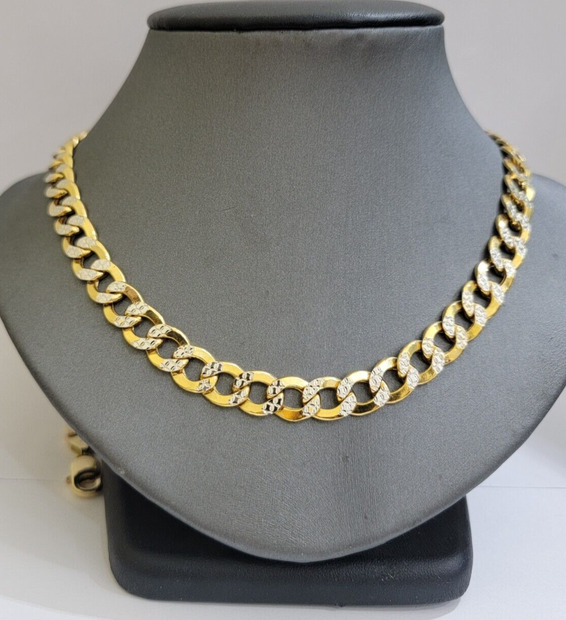 Real 10k Yellow Gold Chain Curb Link Necklace 10mm 24 Inch Diamond Cut Two-tone