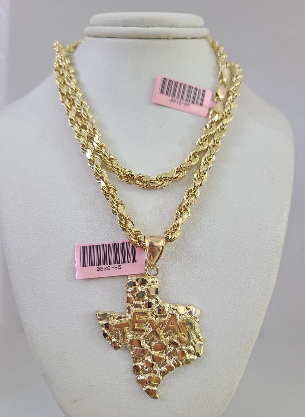 14k Gold Rope Chain Necklace Set 6mm Texas Map Charm Pendant 18"-28" inch