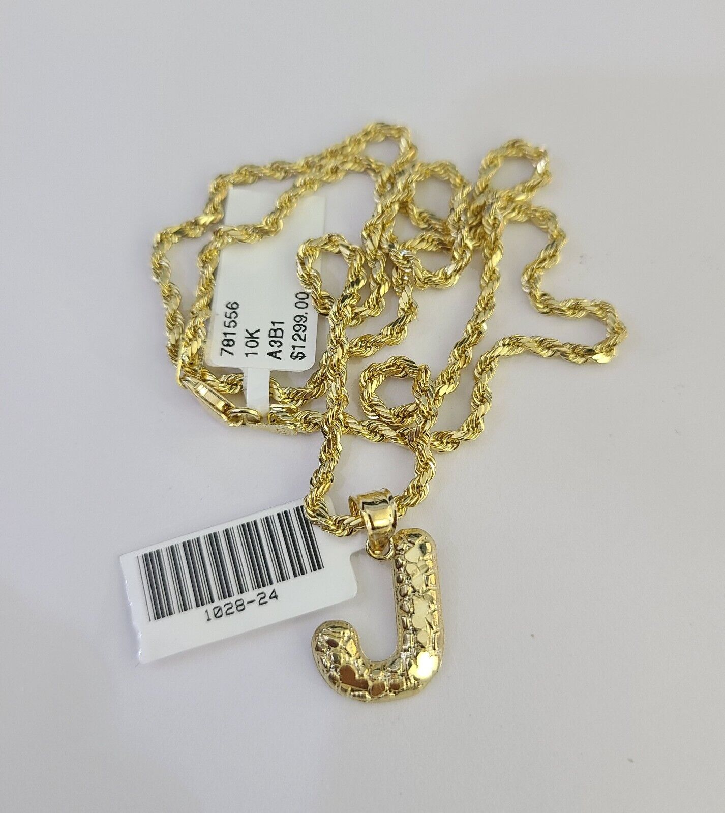 10k Gold Initial J Charm Rope Chain 16"-26" 2.5mm SET Necklace Alphabet Pendant